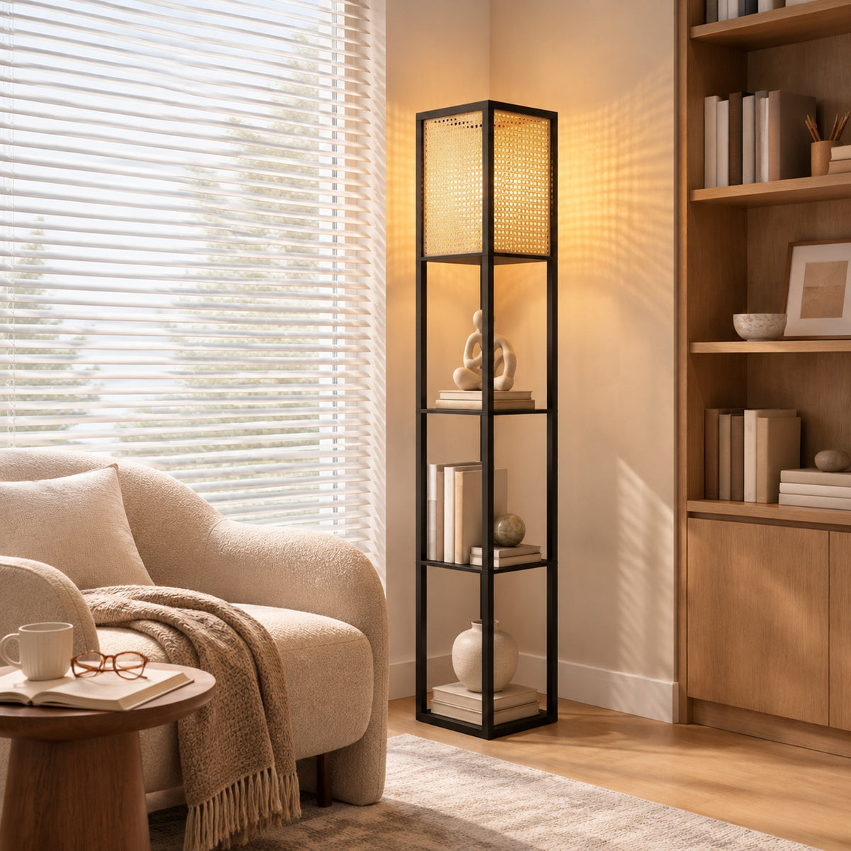 HOMCOM Floor Lamp with Shelves, Rattan Shade and Pull-Chain Switch, 3-Tier Storage Shelves for Bedroom Living Room, Black