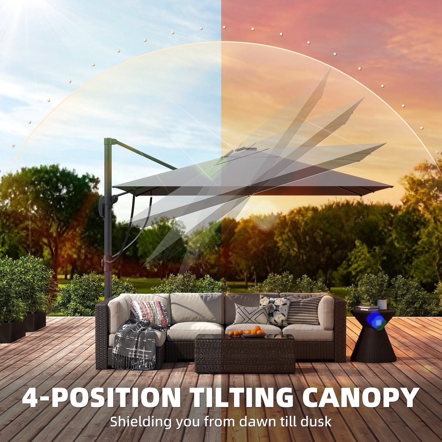 Outsunny 3 x 3 m Garden Cantilever Parasol with Light, Cover, Overhanging Umbrella w/ Wind Protection, 360Â° Rotation, Light Grey