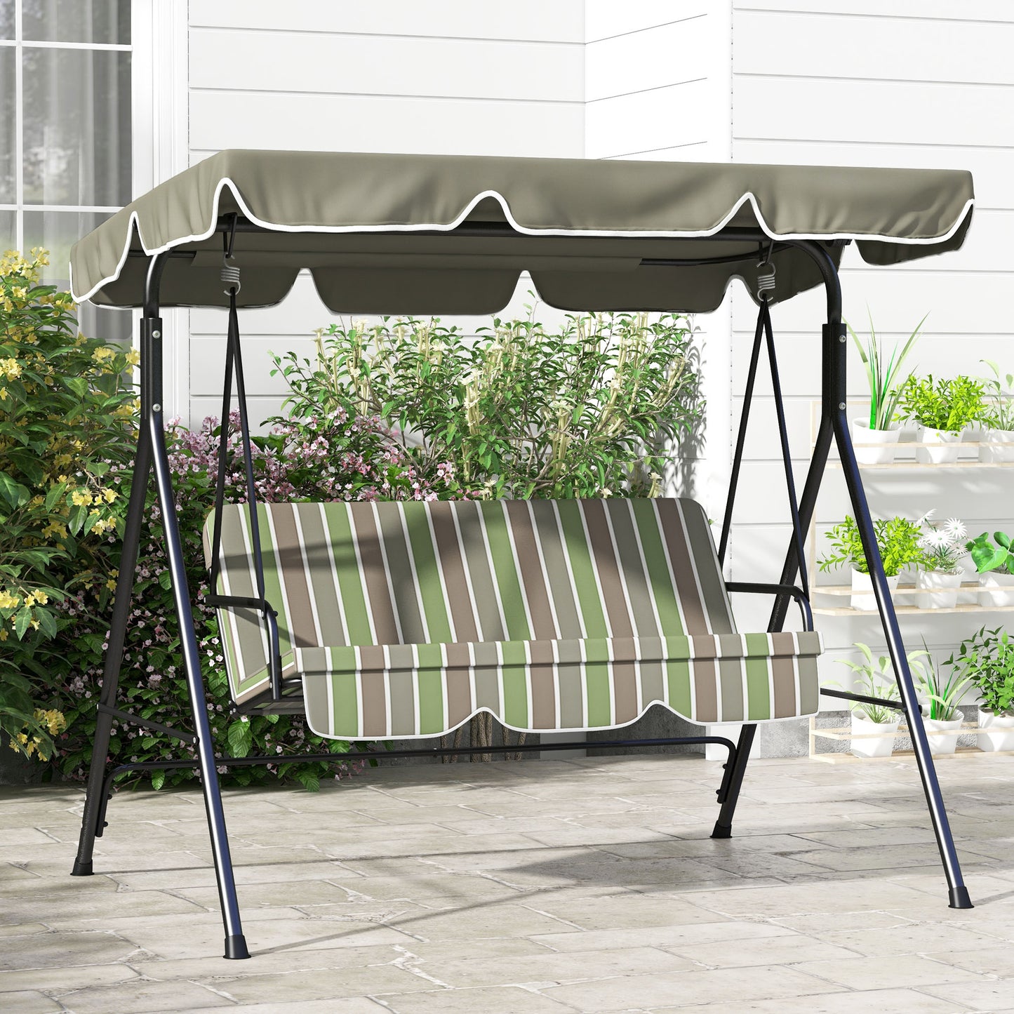 Outsunny Three-Seater Garden Swing Chair, with Adjustable Canopy - Green