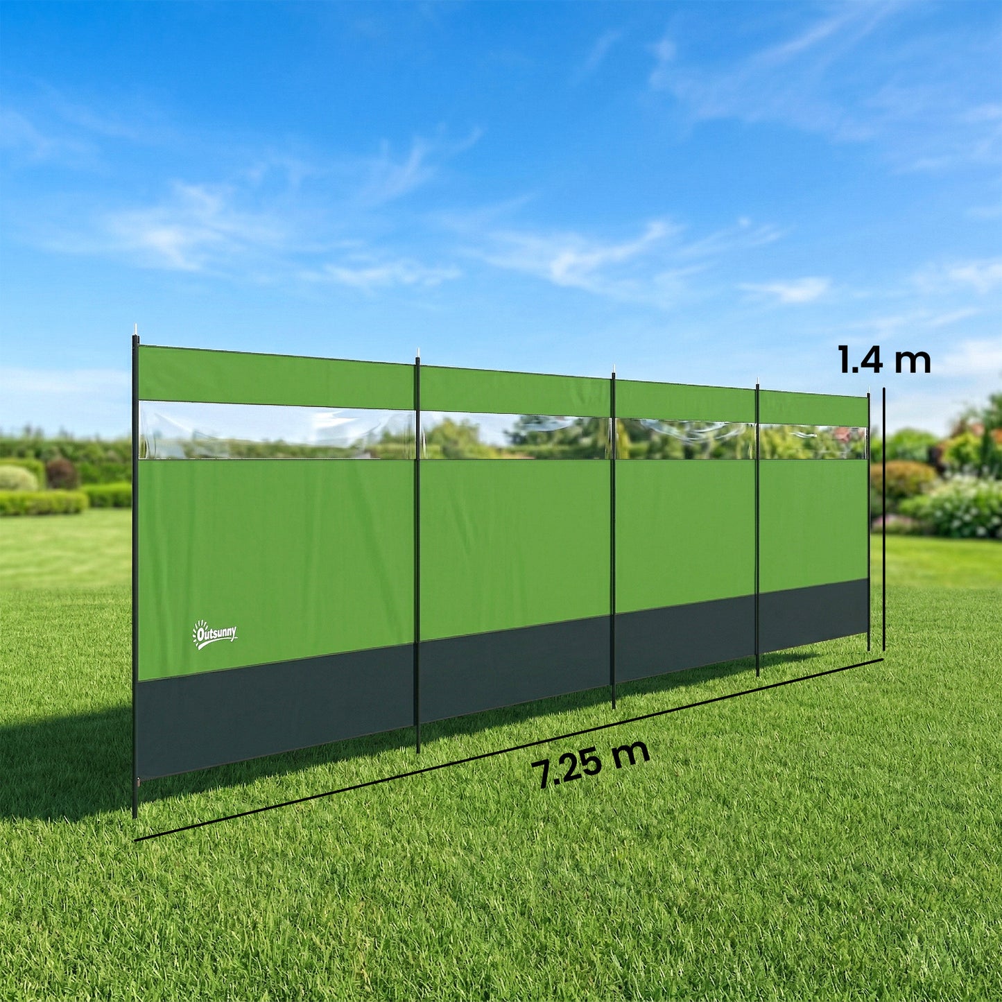 Outsunny Camping Windbreaker with Clear Windows, Carry Bag and Steel Poles, for Beach Caravan Campervan, 725 x 140cm, Army Green
