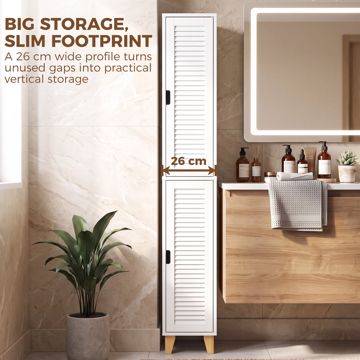HOMCOM 170cm Tall Bathroom Storage Cabinet, Freestanding Bathroom Cabinet with Louvered Doors, Adjustable Shelf, White