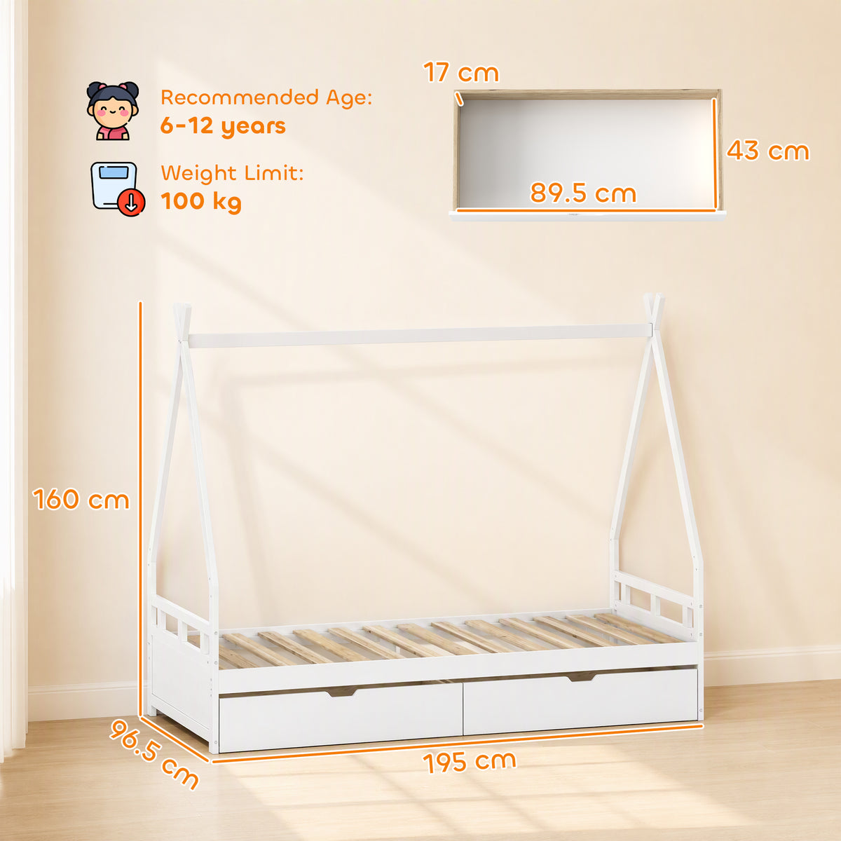 AIYAPLAY Wooden Kids House Bed Frame, Toddler Single Bed with 2 Storage Drawers and Roof, Fits 90x190cm Mattress