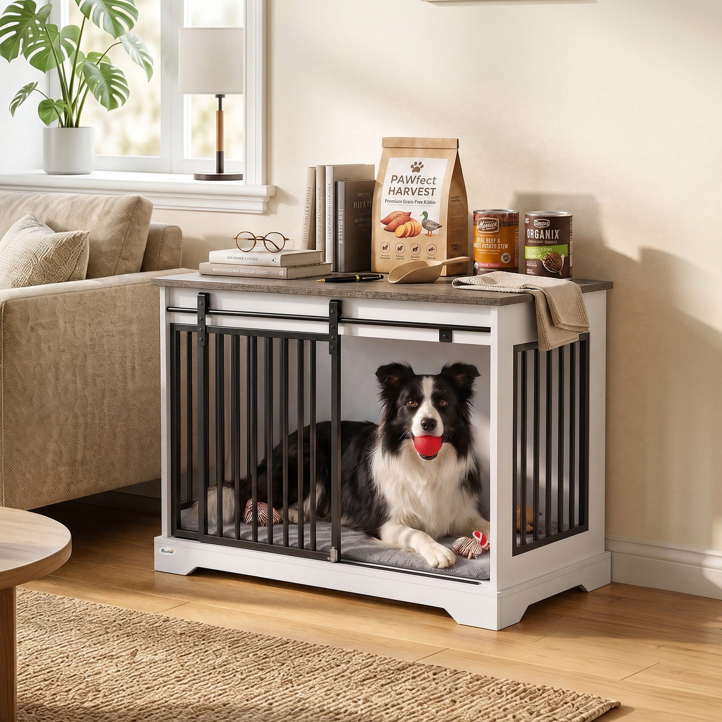 PawHut 80 cm Dog Crate Furniture with Sliding Barn Door for Medium Dogs, White
