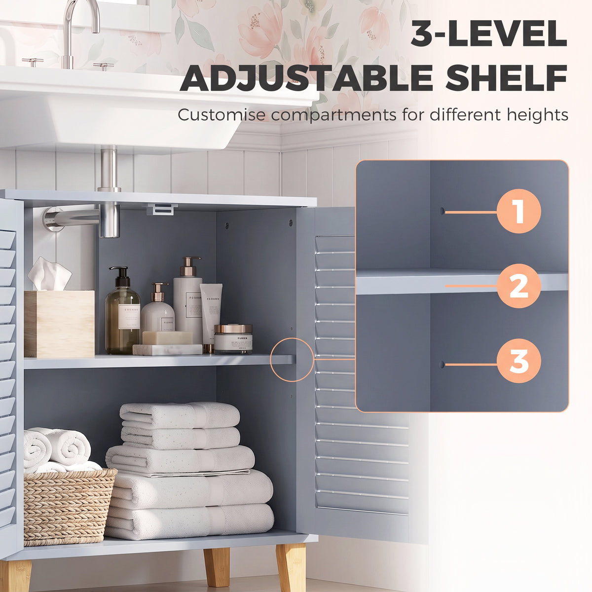 HOMCOM Under Sink Bathroom Cabinet Adjustable Shelf Under Sink Cabinet 2 Louvered Doors, Grey