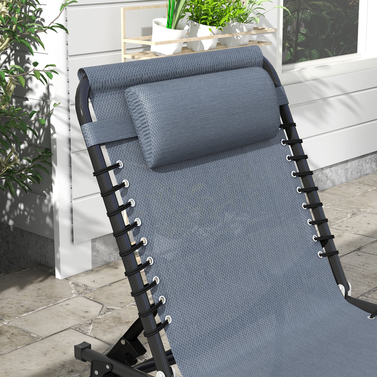 Outsunny Foldable Sun Lounger, Outdoor 4 Level Adjustable Backrest Reclining Chaise Chair, Steel Frame Recliner Chair for Camping, Hiking, Grey
