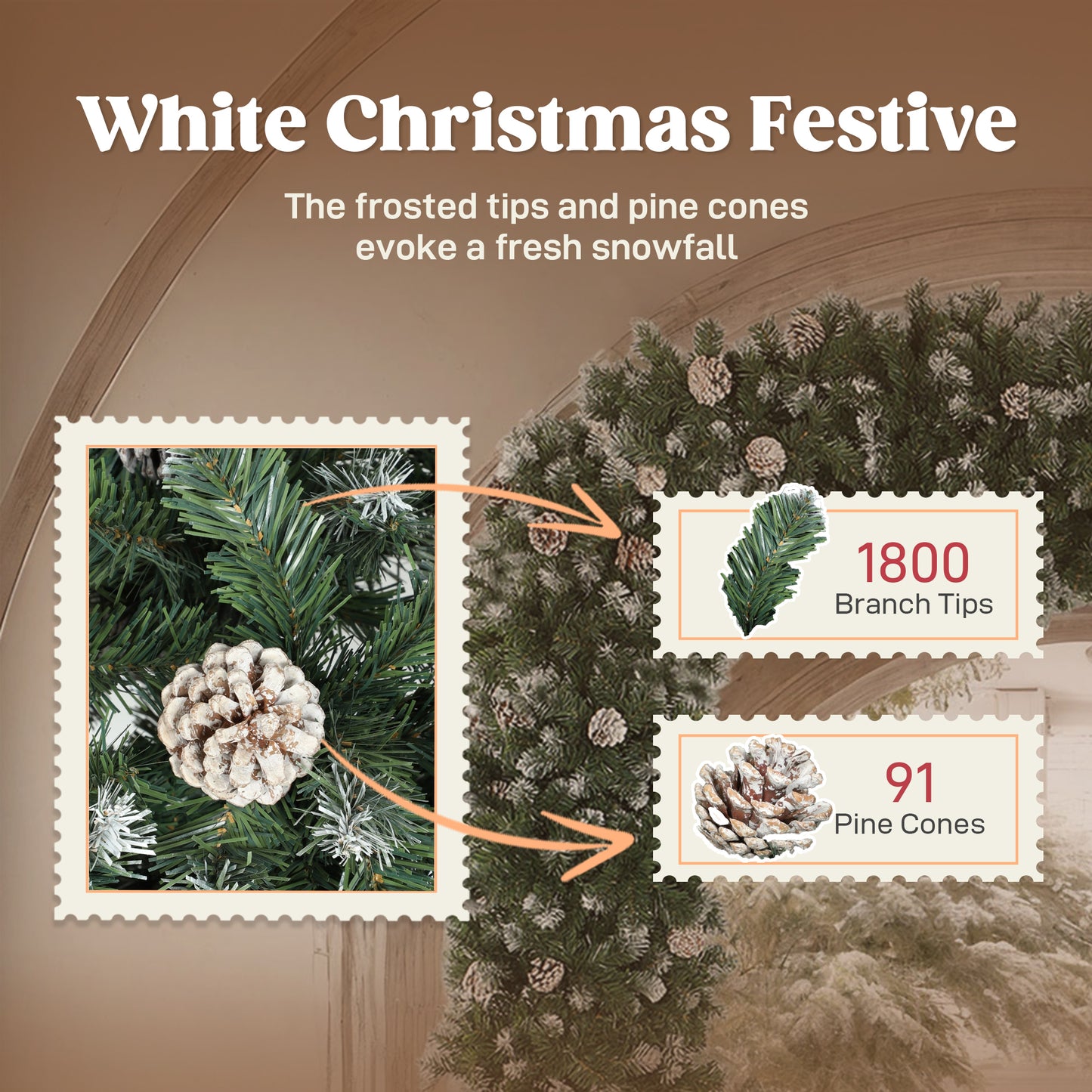 HOMCOM 8.2 ft Snow Frosted Christmas Tree Arch, Christmas Arch Doorway Decor with 1800 Tips and 91 Pinecones, Artificial Xmas Tree with Metal Stand for Indoor, Green