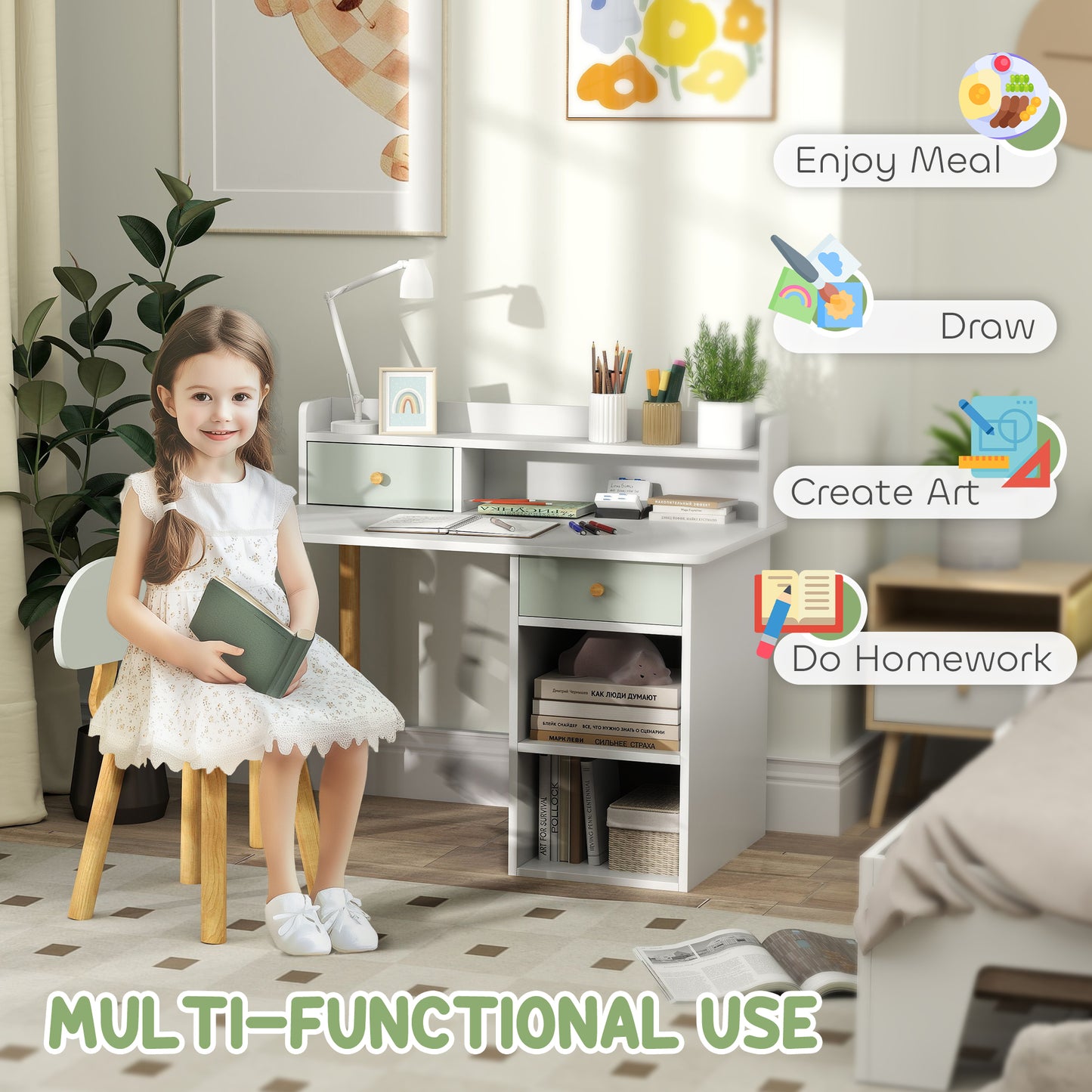 AIYAPLAY Two-Piece Children Study Table with Hutch, Kids Desk and Chair Set with Storage, Drawer, Shelves, Green