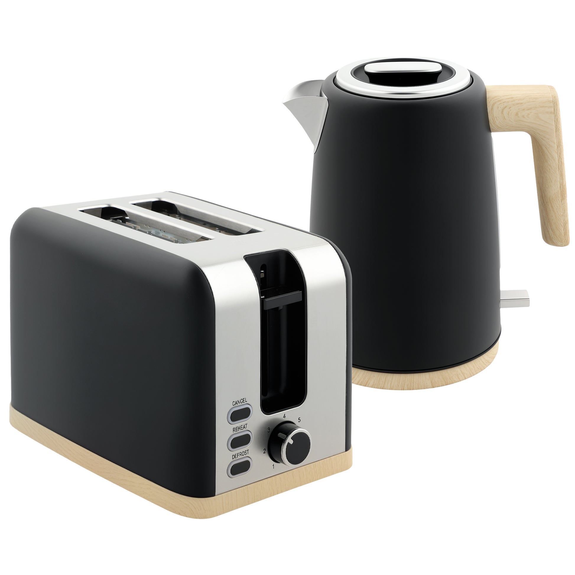 HOMCOM Stainless Steel Kettle and Toaster Set, 1.7L 3000W Fast Boil Kettle & 2 Slice Toaster Kitchen Set with 7 Level Browning Controls, Defrost, Reheat, Auto Off, Boil-dry Protection, Black
