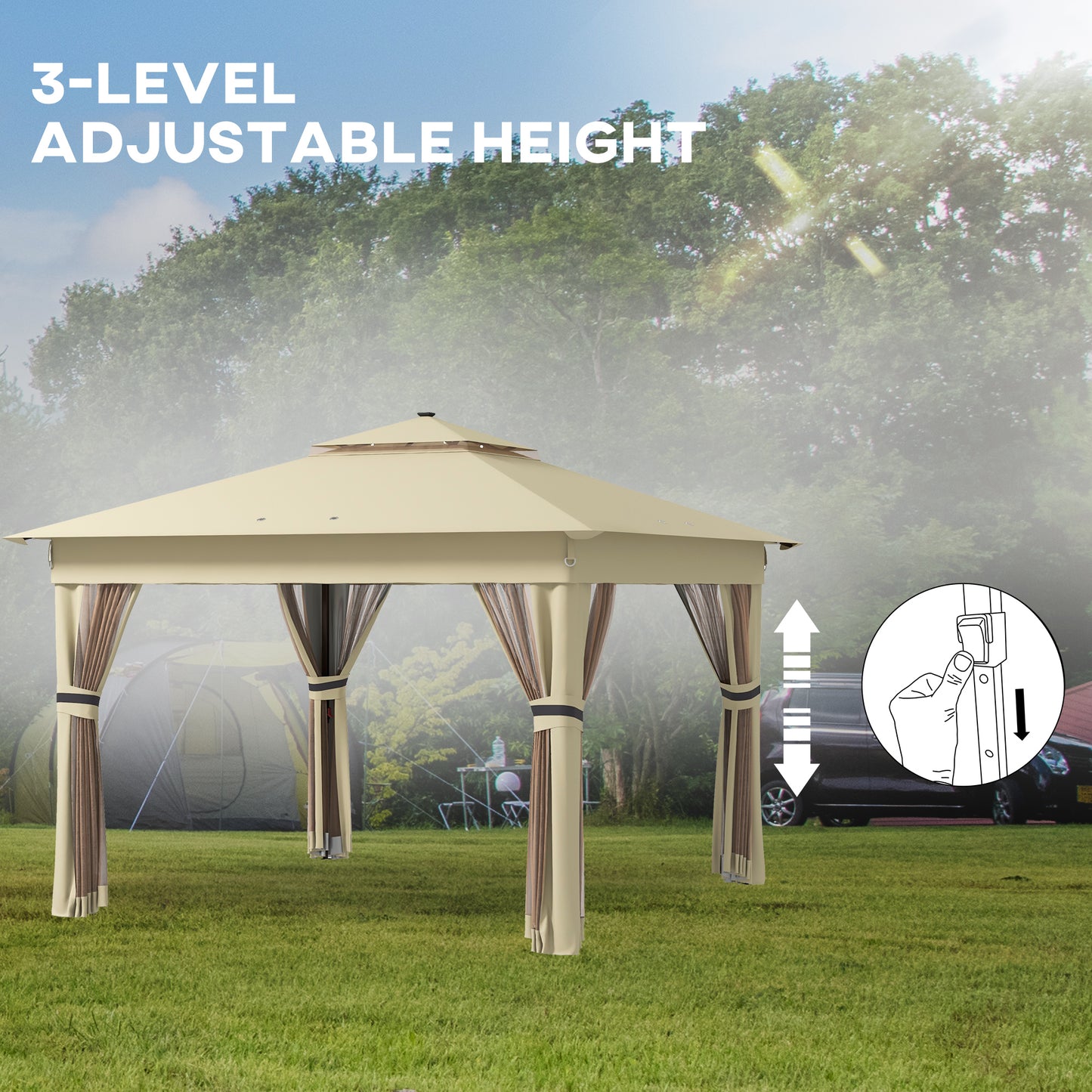 Outsunny 3 x 3 Sturdy Pop Up Gazebo with Solar-Powered LED Lights, Adjustable for Outdoor Events, Khaki