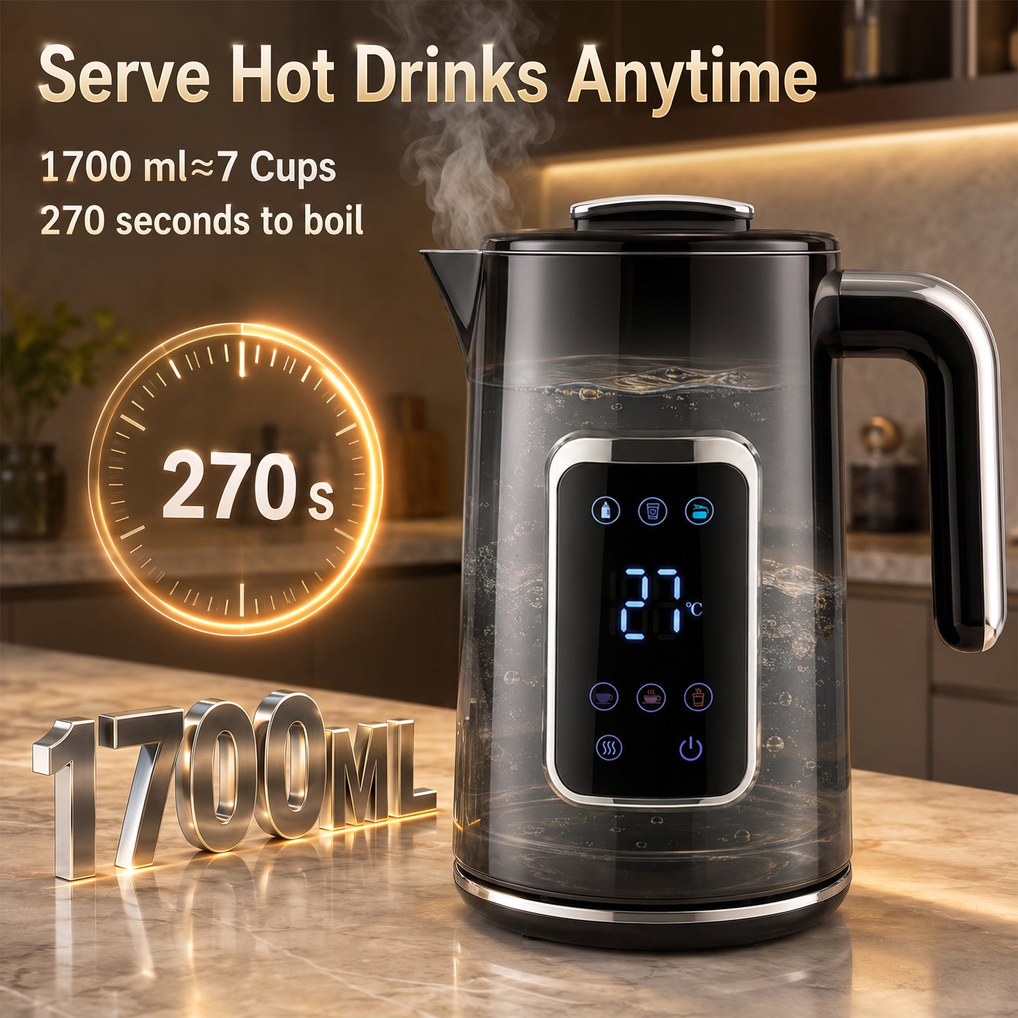 HOMCOM Electric Kettle, 1.7L Fast Boil 3000W Water Kettle with LED Display, Adjustable Temperature, Keep Warm Function, Black