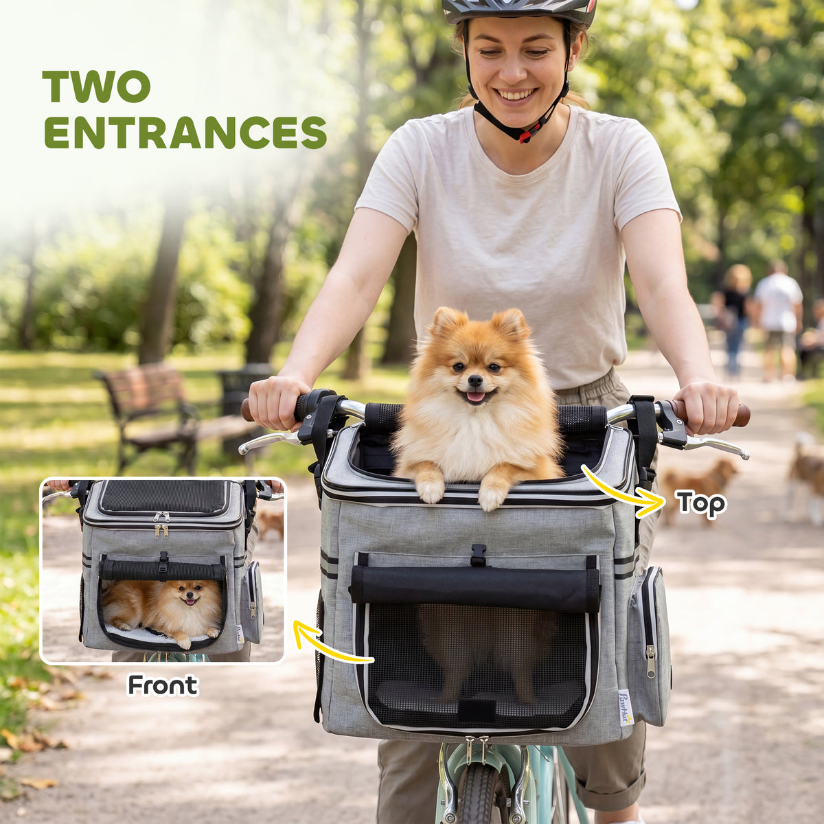PawHut Dog Bike Basket, Soft-Sided Pet Carrier with Security Leash, Mesh Door & Window, Plush Cushion, Bowl, Light Grey