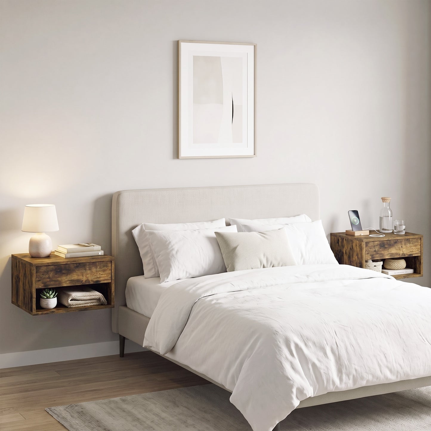 HOMCOM Set of Two Floating Bedside Tables - Rustic Brown