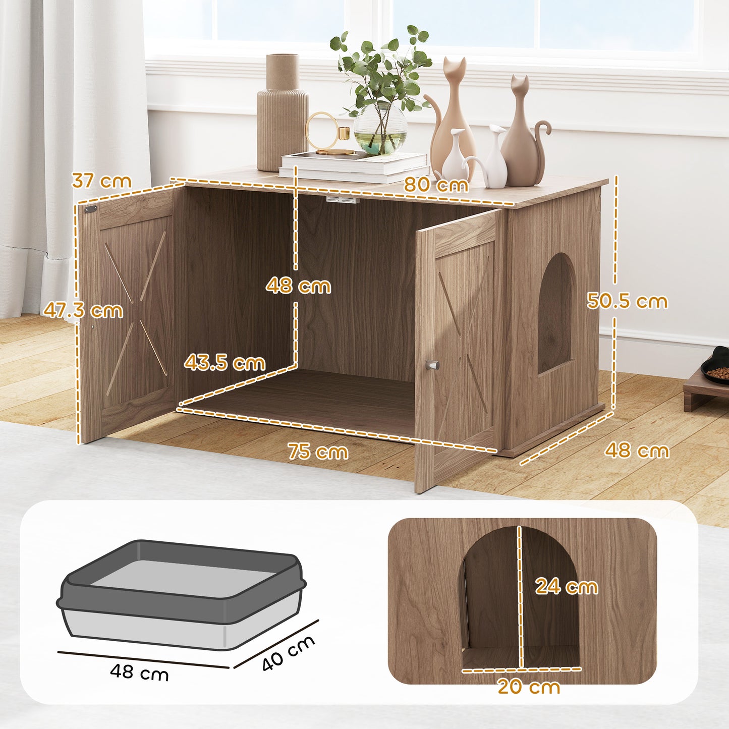 PawHut Cat Litter Box Enclosure with Double Doors and Side Entrance, Non-Slip Pads for Living Room, Walnut Brown
