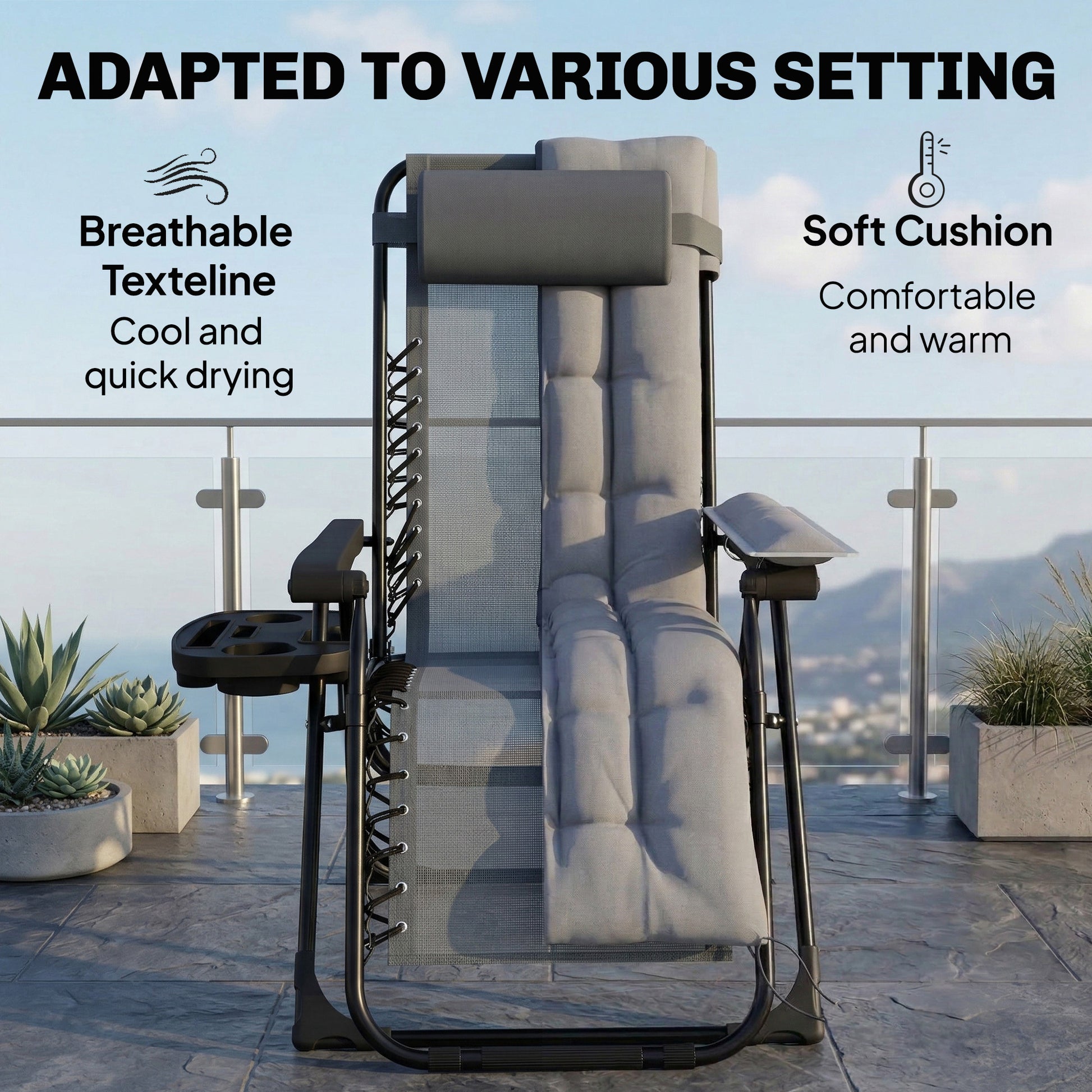Outsunny Zero Gravity Chair, Folding Sun Lounger Reclining Garden Chair with Arm Pads, Cushion, Cup Holder, Headrest, Light Grey