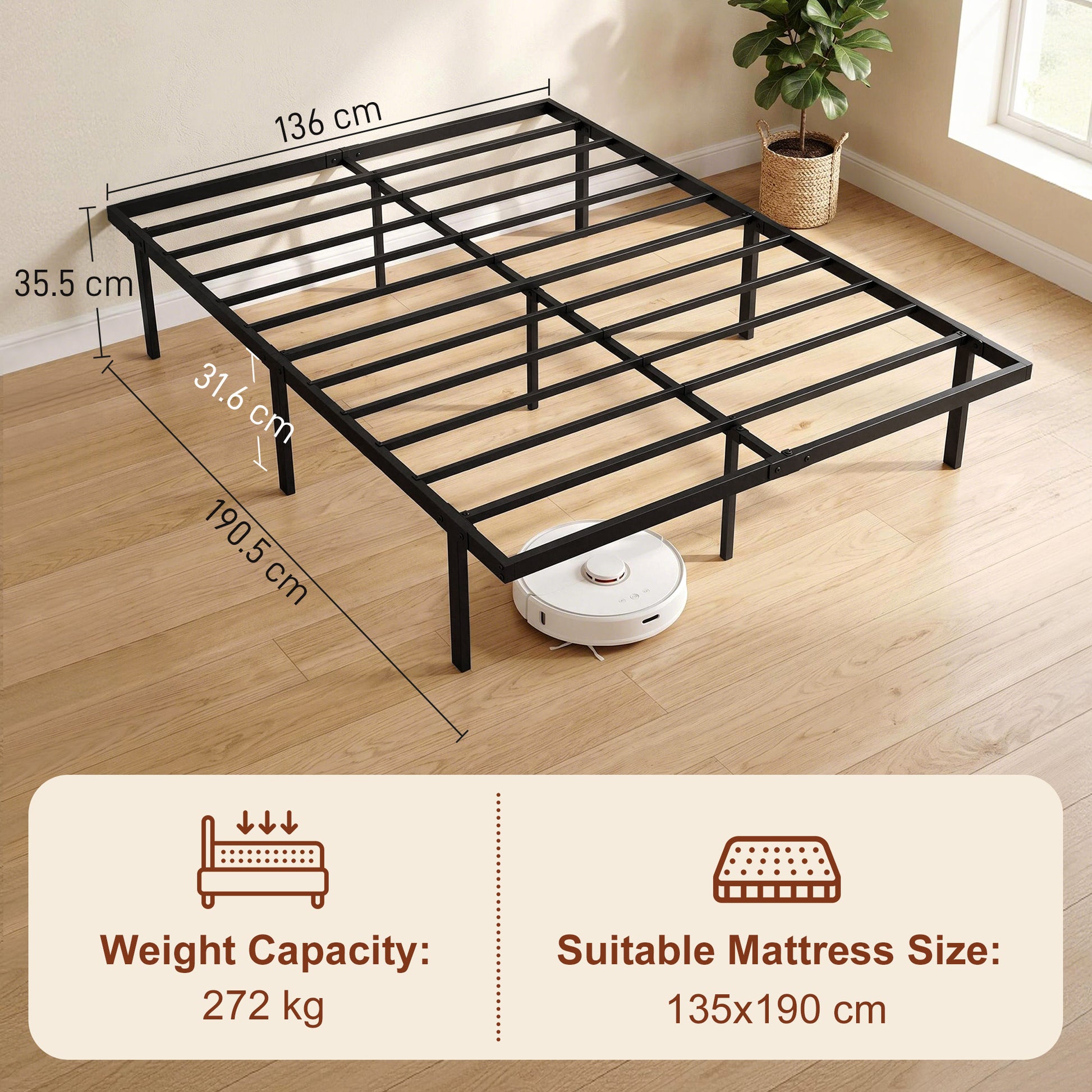 HOMCOM 4ft6 Double Bed Frame with Underbed Storage, Metal Platform Bed Frame with Steel Slat Support, No Box Spring Needed