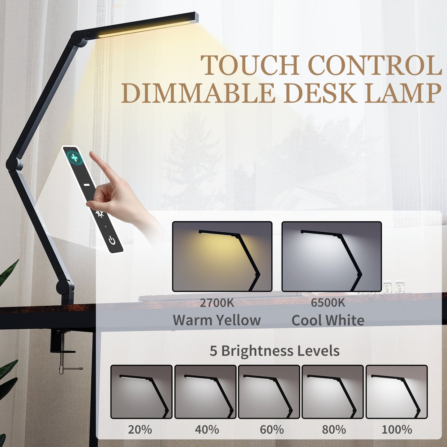 HOMCOM LED Desk Lamp, Dimmable Desk Light with Swing Arm and Clamp, Adjustable Eye-Caring Table Lamp with 2 Colour Modes & 5 Brightness Levels for Study, Drawing, Office, Architect, Task, Black