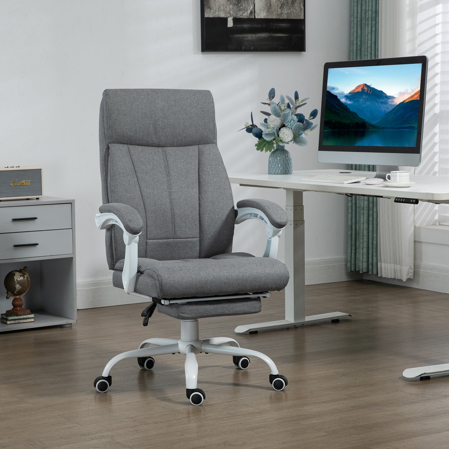 Vinsetto Office Chair, Ergonomic Desk Chair, Fabric Work Study Chair with 155Â° Reclining Back and Footrest, Adjustable Height and Swivel Wheels, Grey