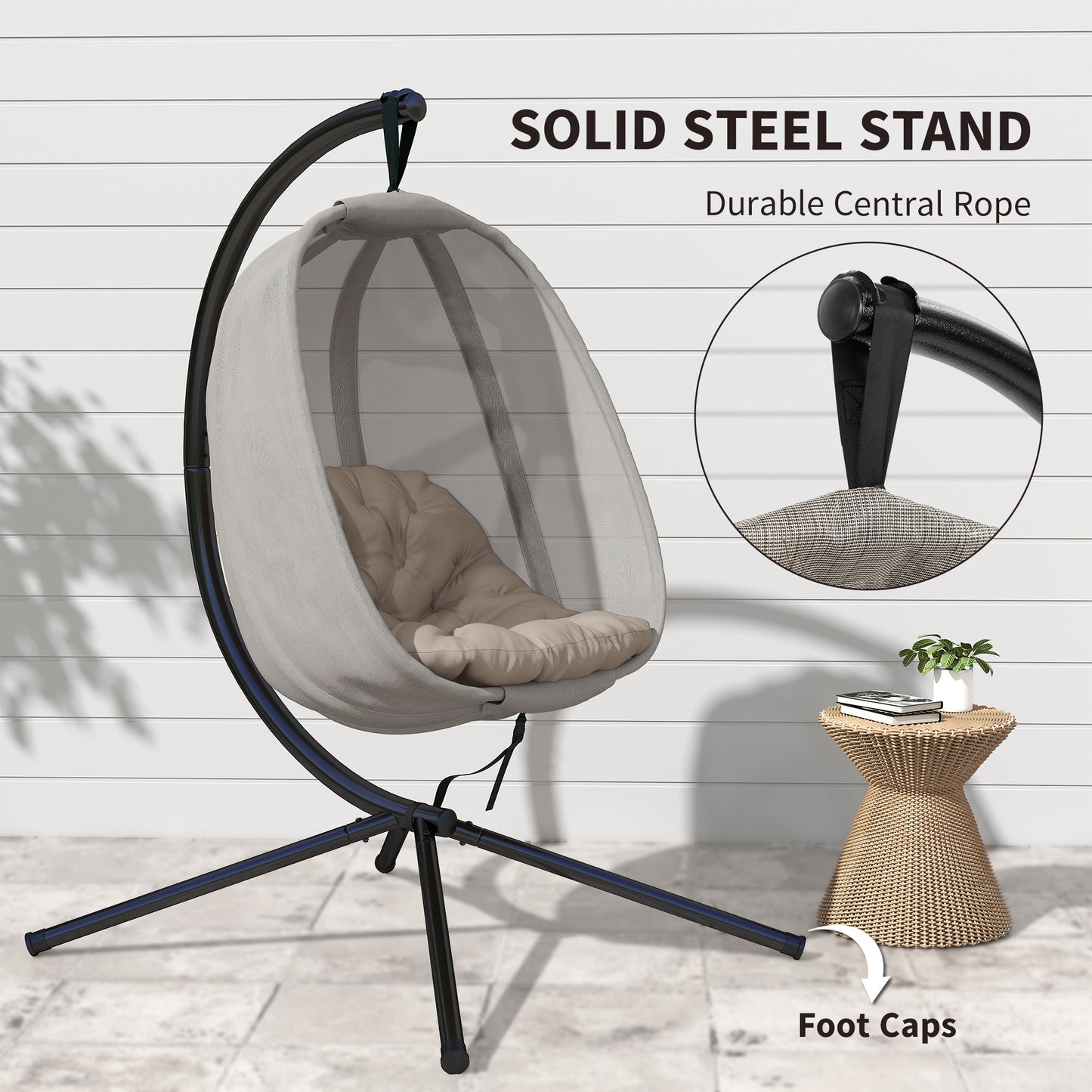 Outsunny Hanging Egg Chair, Folding Texteline Swing Hammock with Side Pocket, Cushion and Stand for Indoor Outdoor, Patio Garden Furniture, Khaki