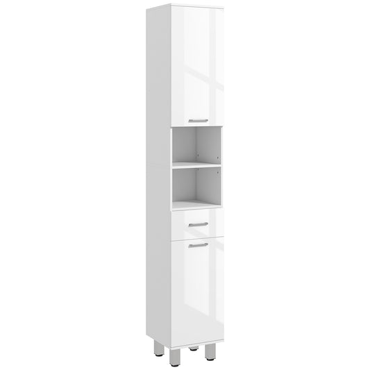 kleankin 71" Tall Slim Bathroom Storage Cabinet, Narrow Cupboard with Drawer, Open Shelves, 2 Doors, White and High Gloss White