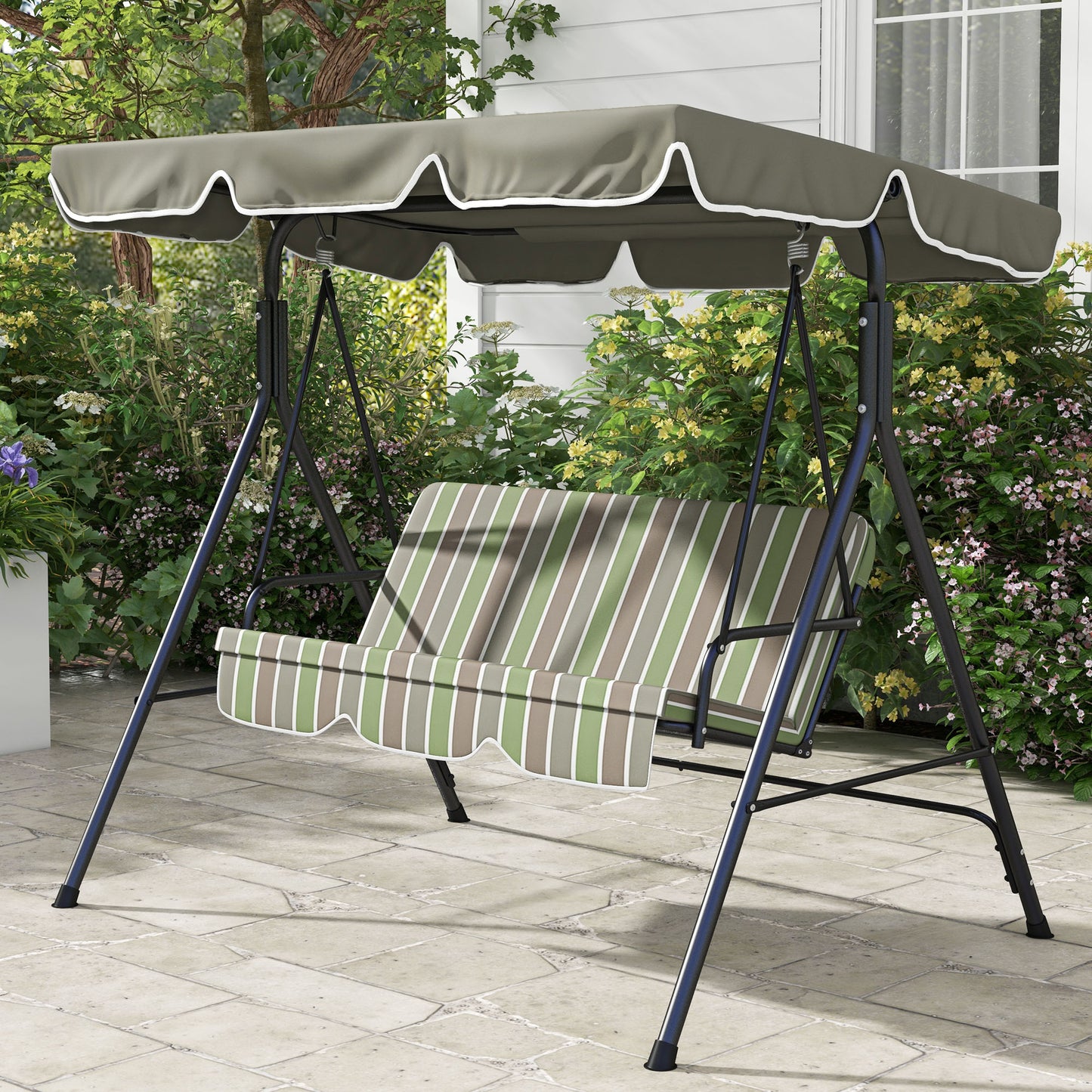 <ul style="list-style:disc;margin-left:15px;"><li>Three-seater: Spacious garden swing chair to enjoy outdoors with friends or enjoy room to yourself â€“ great for those lazy afternoons.</li><li>Steel frame: Powder coated for extra strength - a strong and supportive core for the 3 seater swing seat. 'A' shaped legs for balance.</li><li>Tilting canopy: Set the top of swing seat to a position you want - canopy shields against sun glare