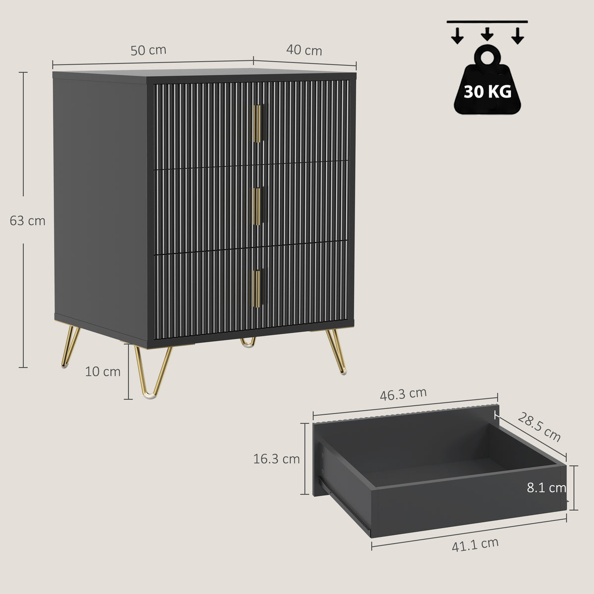 HOMCOM Modern 3-Drawer Dresser, Fluted Bedroom Dresser Chest of Drawers with Metal Legs and Steel Handles for Bedroom, Black