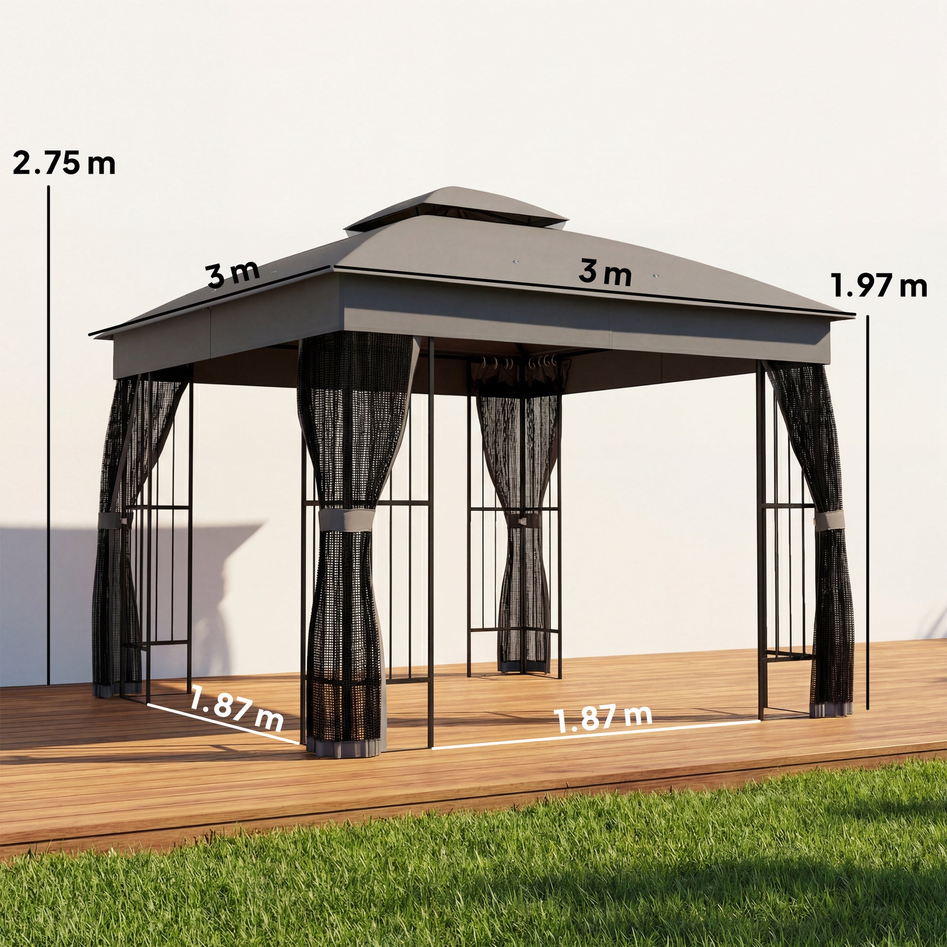 Outsunny 3 x 3 m Outdoor Garden Gazebo with Post Shelves, UPF50+ DoubleÂ Roof Patio Permanent Pavilion, Grey