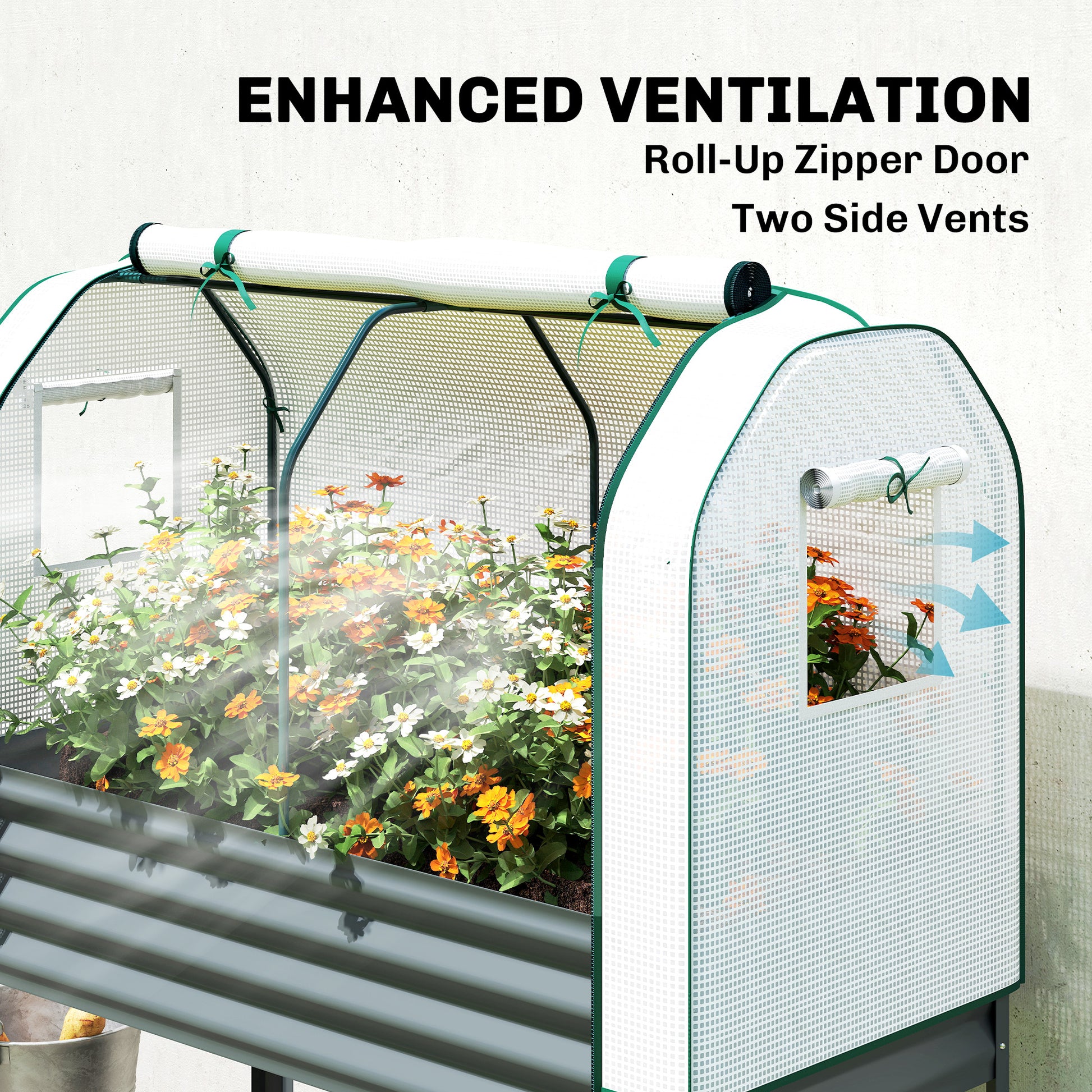 Outsunny Galvanised Raised Planter with Greenhouse Cover, Metal Raised Garden Bed on Legs with Bed Liner and Bottom Shelf