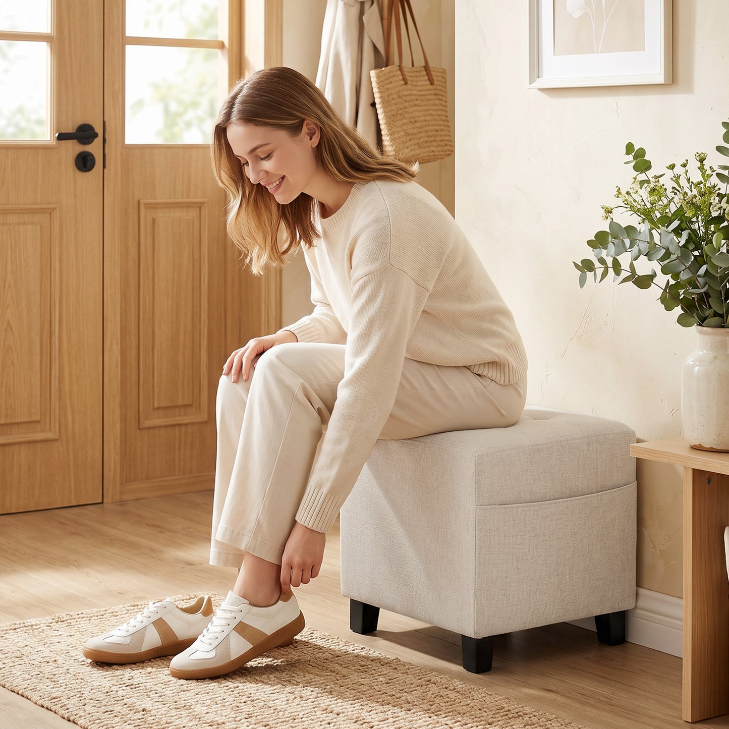 HOMCOM Small Ottoman, Square Footstool with Side Pocket, Rubber Wood Legs and Padded Seat for Living Room, Beige