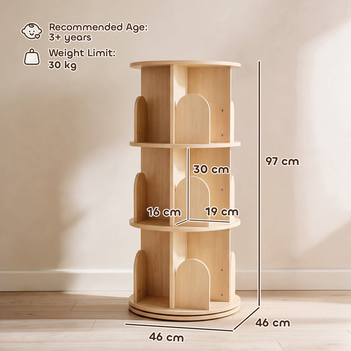 AIYAPLAY 3-Tier Rotating Bookcase, Round Kids Bookshelf Floor Standing 360Â° Rotating for Bedroom, Kids Room and Playroom, Natural