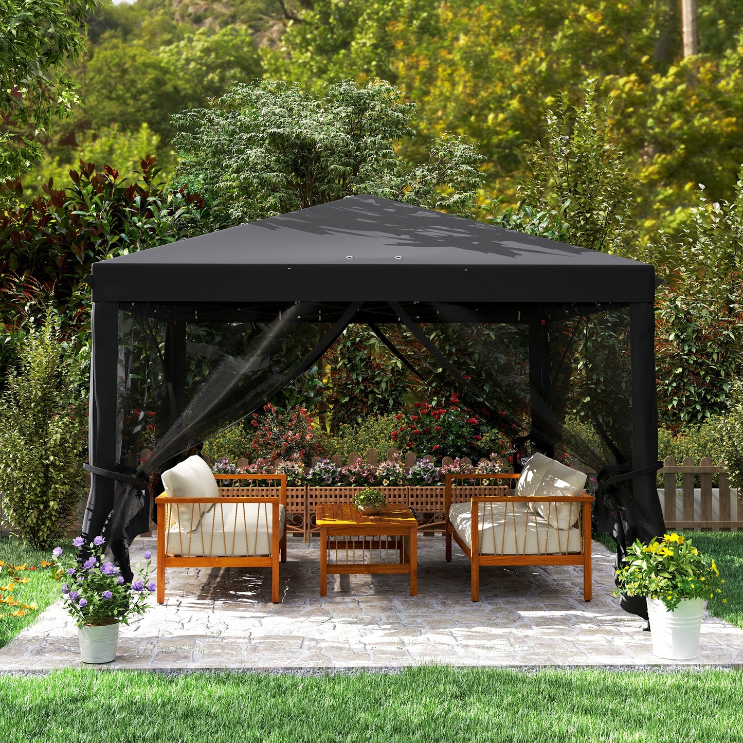 Outsunny 3 x 3Â m Pop Up Gazebo, 420D Garden Tent Canopy with Removable Mesh Sidewall Netting, Carry Bag for Garden Patio Outdoor, Black