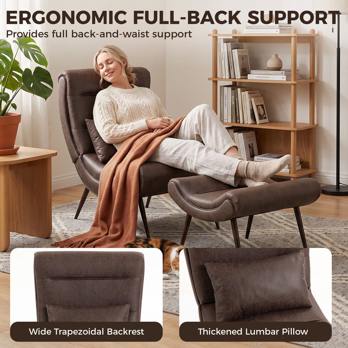HOMCOM Modern Accent Chair with Footstool, Upholstered Lounge Chair with 64cm Wide Seat, Lumbar Pillow, Trapezoidal Backrest
