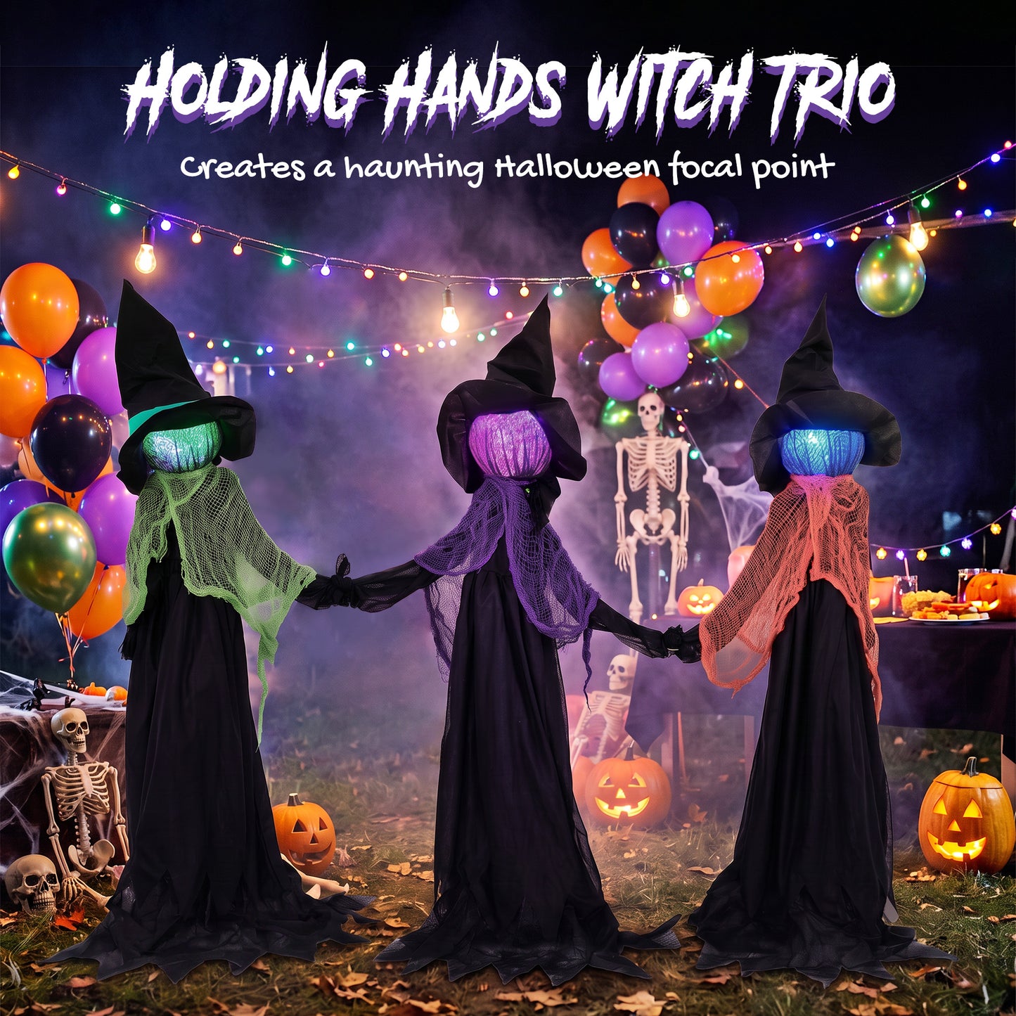 HOMCOM 120cm Witches Holding Hands Halloween Decorations Outdoor Indoor, Scary Halloween Witch Decor with Light-Up Heads