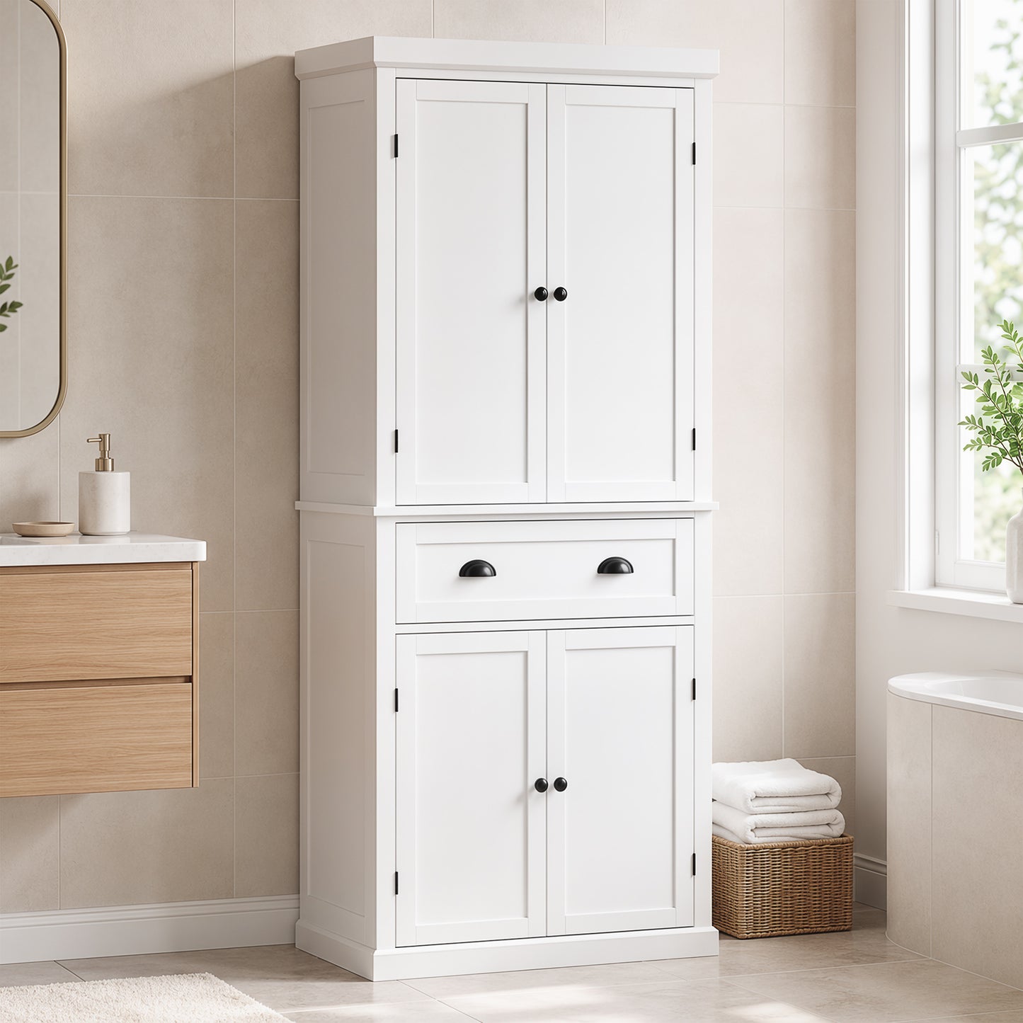 HOMCOM Tall Kitchen Cupboard, 183 cm Freestanding Storage Cabinet with Drawer, 4 Doors and Adjustable Shelves, White