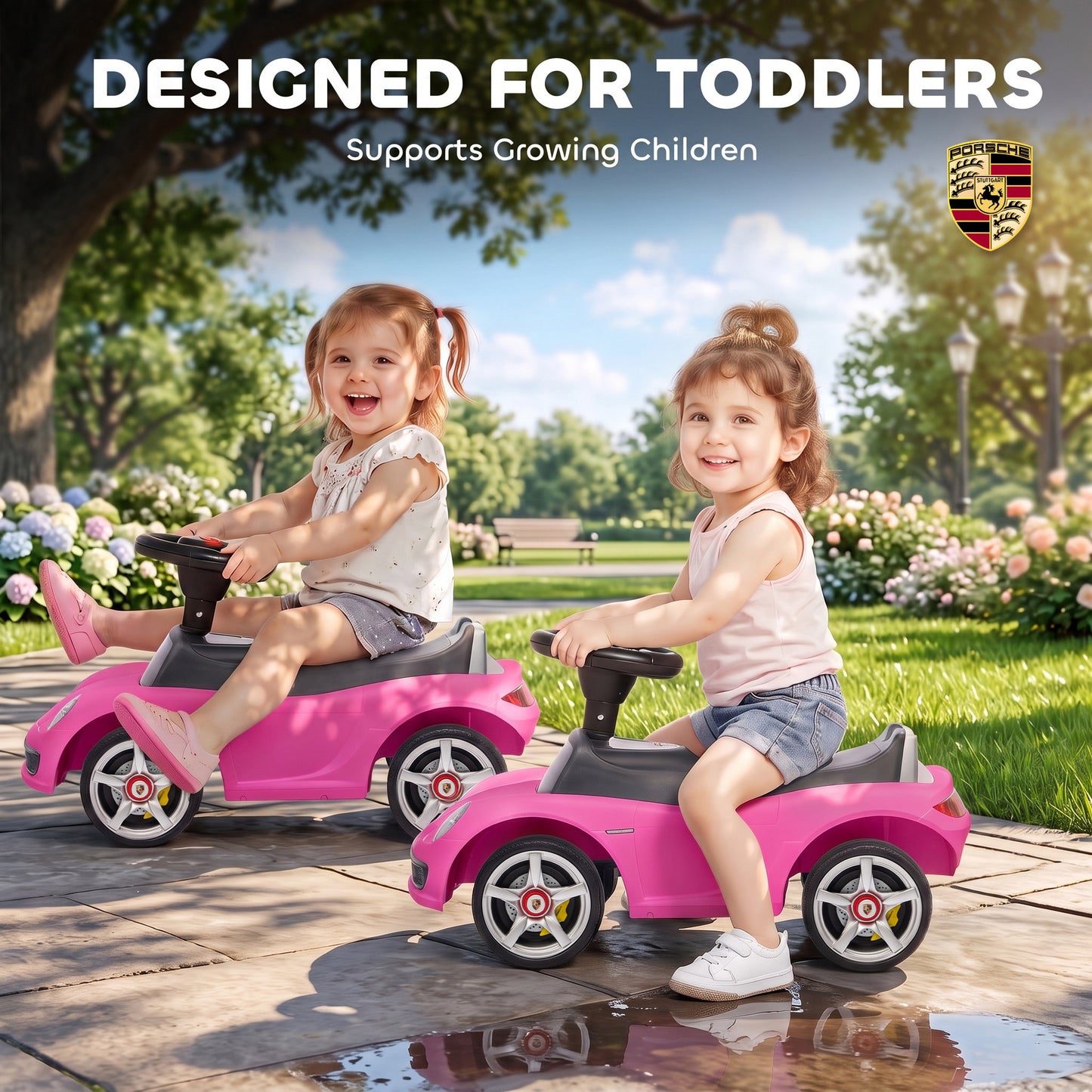 AIYAPLAY Ride on Car, Porsche Licensed Toddler Push Car with Horn, Headlights, Sound and Steering Wheel for 18-36 Months, Pink