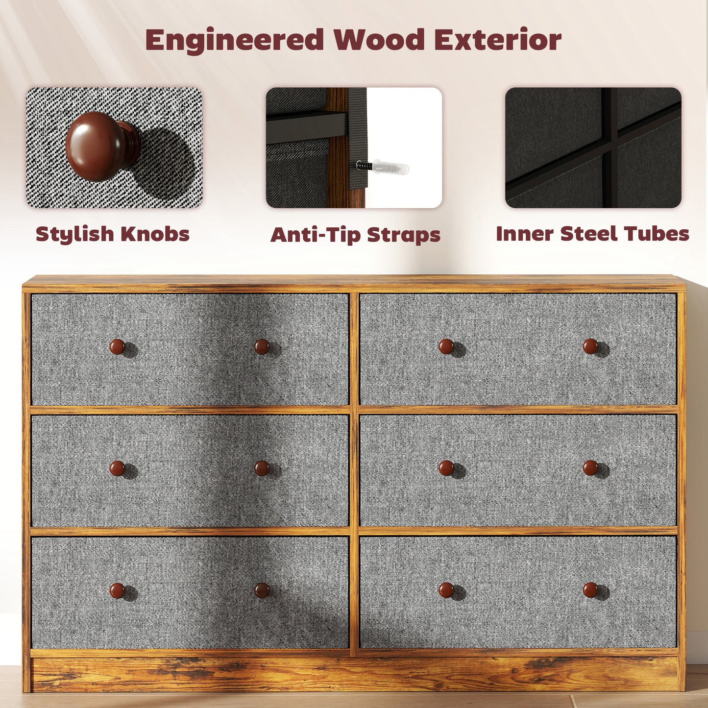 HOMCOM Chest of Drawers, Dresser with 6 Fabric Drawers - Grey and Rustic Brown