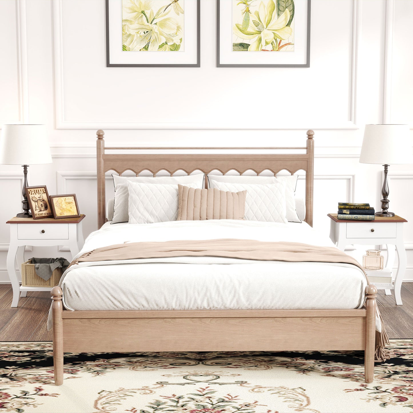 HOMCOM 2pcs Bedside Tables with Drawer, French Style Bedside Cabinets with Open Shelf for Bedroom, Living Room, White