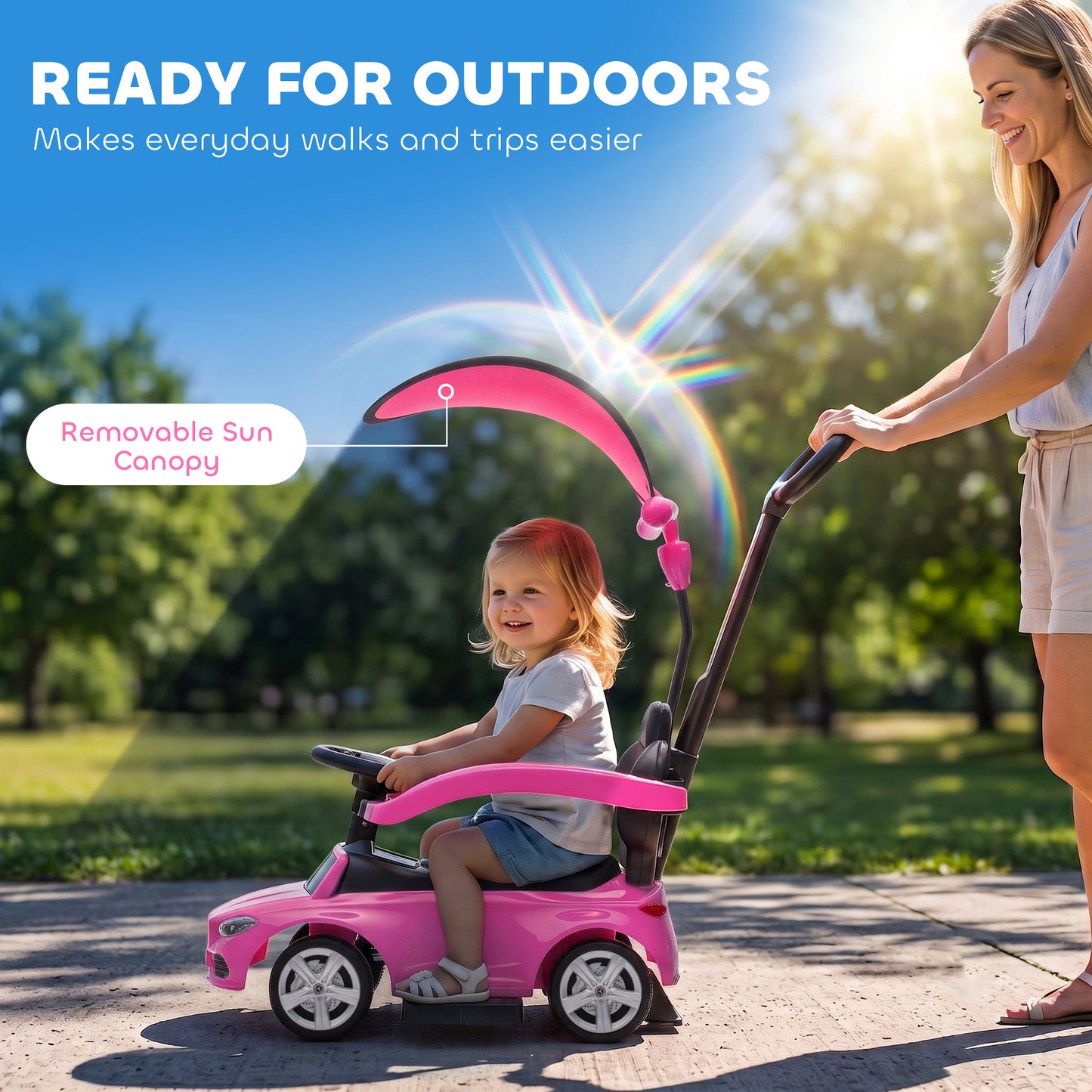 AIYAPLAY 3 in 1 Licensed Benz Ride on Push Car with Handle, Canopy, Guardrails, Horn, Music, Storage for 12-36 Months, Pink