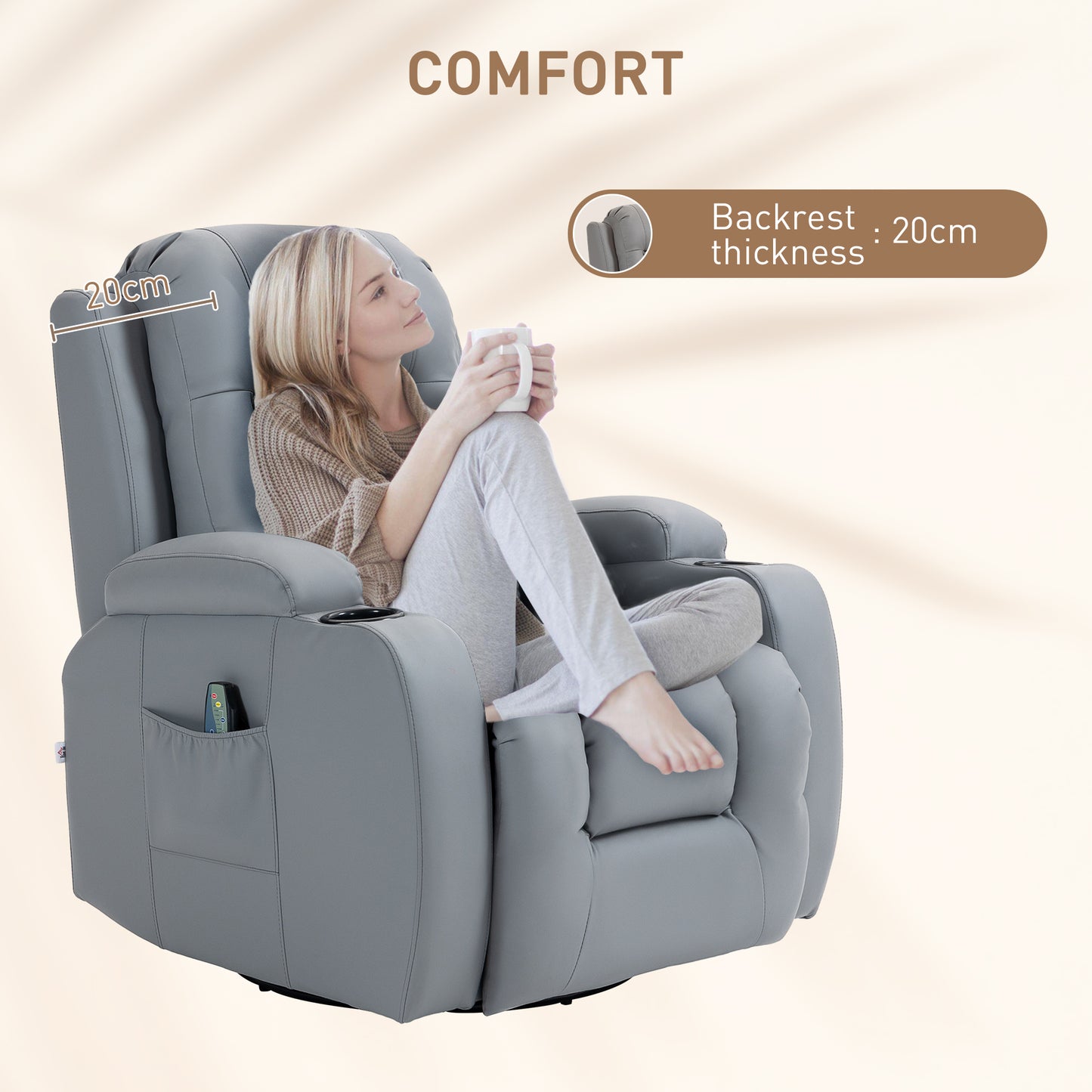 HOMCOM Massage Recliner Chair with 8 Vibration & Heat, PU Leather Recliner Armchair with Cup Holders and Side Pockets, Manual Reclining Chair with Remote, 360Â° Swivel, Rocking, Light Grey