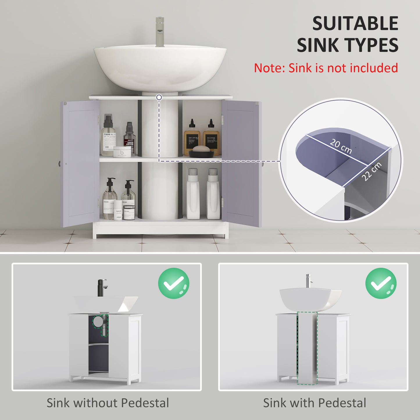 kleankin 60x60cm Under-Sink Storage Cabinet w/ Adjustable Shelf Handles Drain Hole Bathroom Cabinet Space Saver Organizer White and Grey