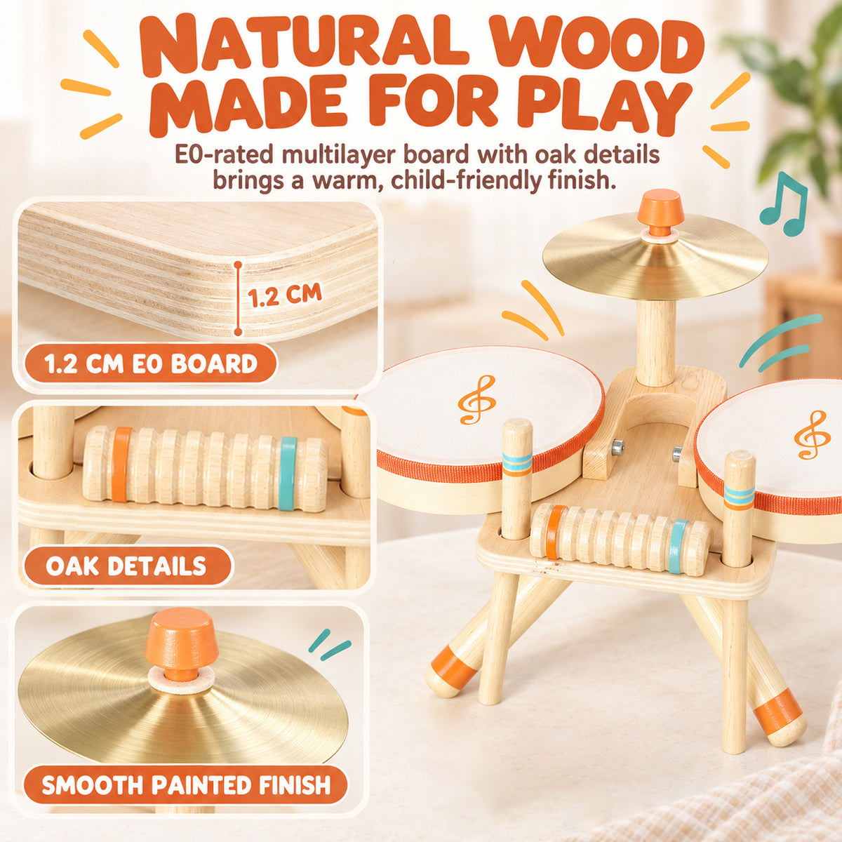 AIYAPLAY Kids Drum Kit, Wooden Musical Instruments with 2 Drums, Cymbal, Scraper, 2 Mallets for Toddlers, Music Learning, Natural