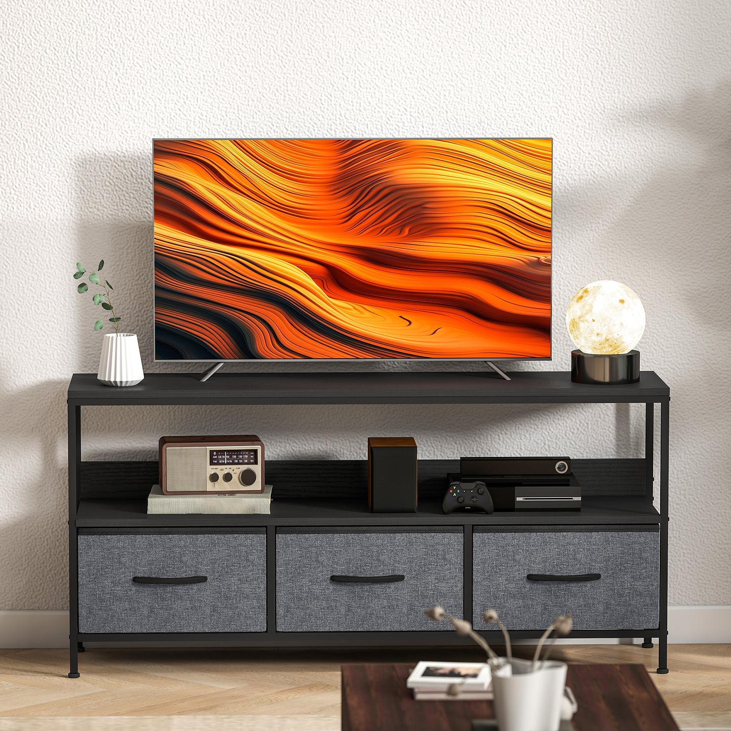 HOMCOM TV Stand Cabinet with 3 Foldable Drawers - Black