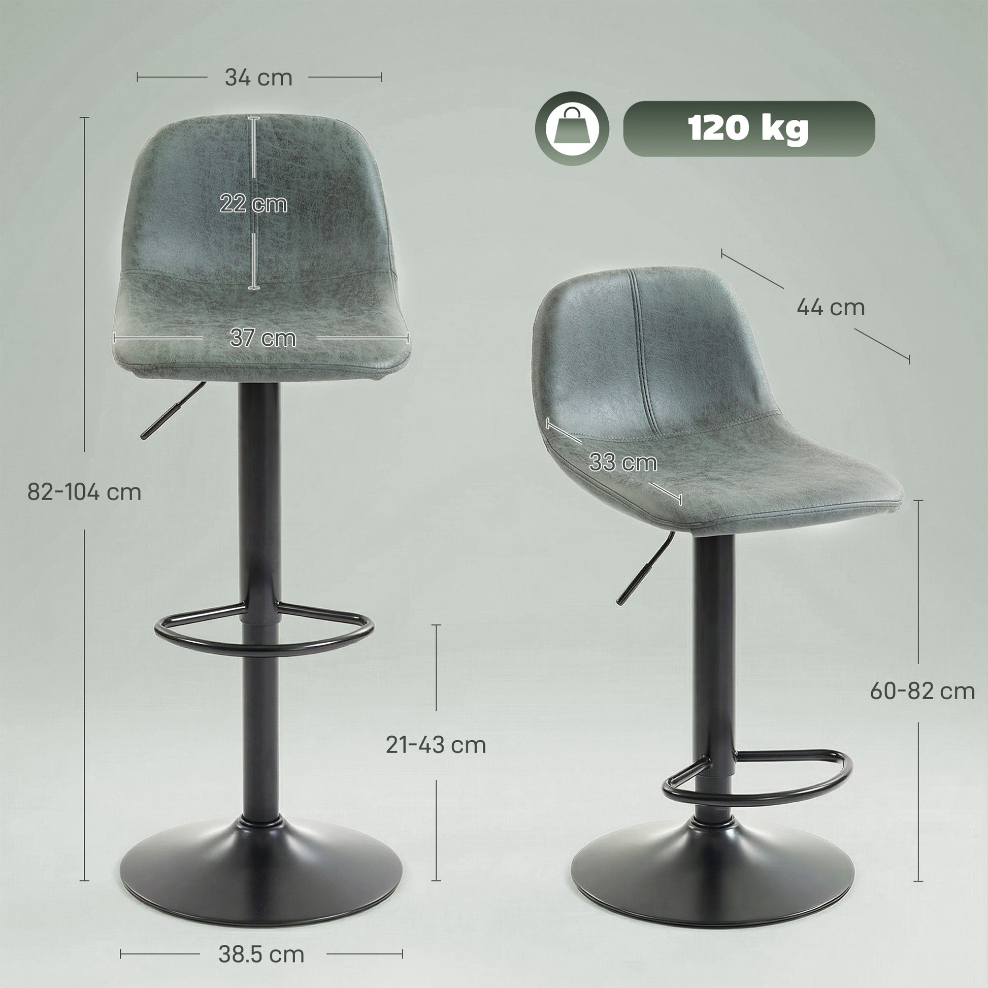 HOMCOM Bar Stools Set of 2, Modern Swivel Barstools with Footrest for Kitchen Island and Dining Room, Green