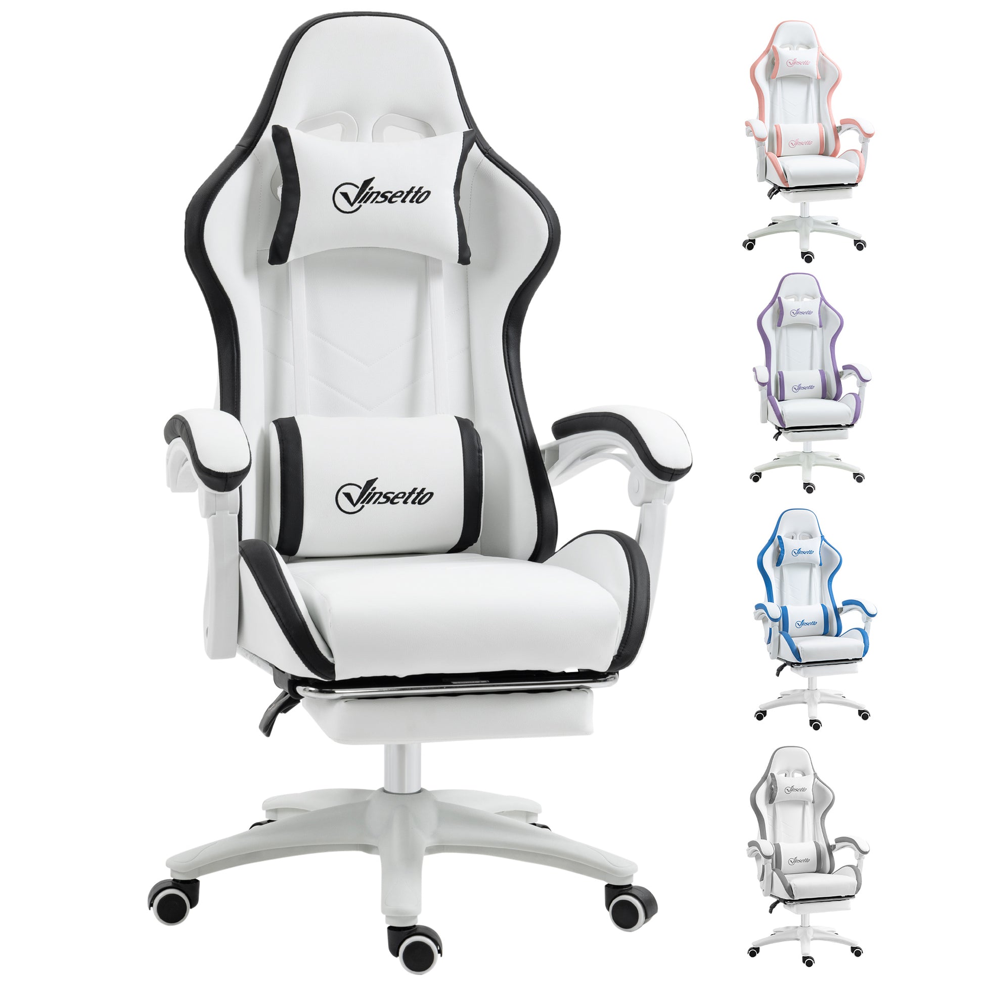 Vinsetto Computer Gaming Chair, PU Leather Office Desk Chair with Footrest, Swivel Wheels, 135Â° Reclining Back, Lumbar Support, Headrest for Home, White and Black