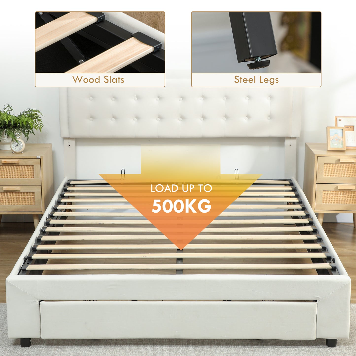 HOMCOM King Size Ottoman Bed Frame, with Front Drawer - Cream