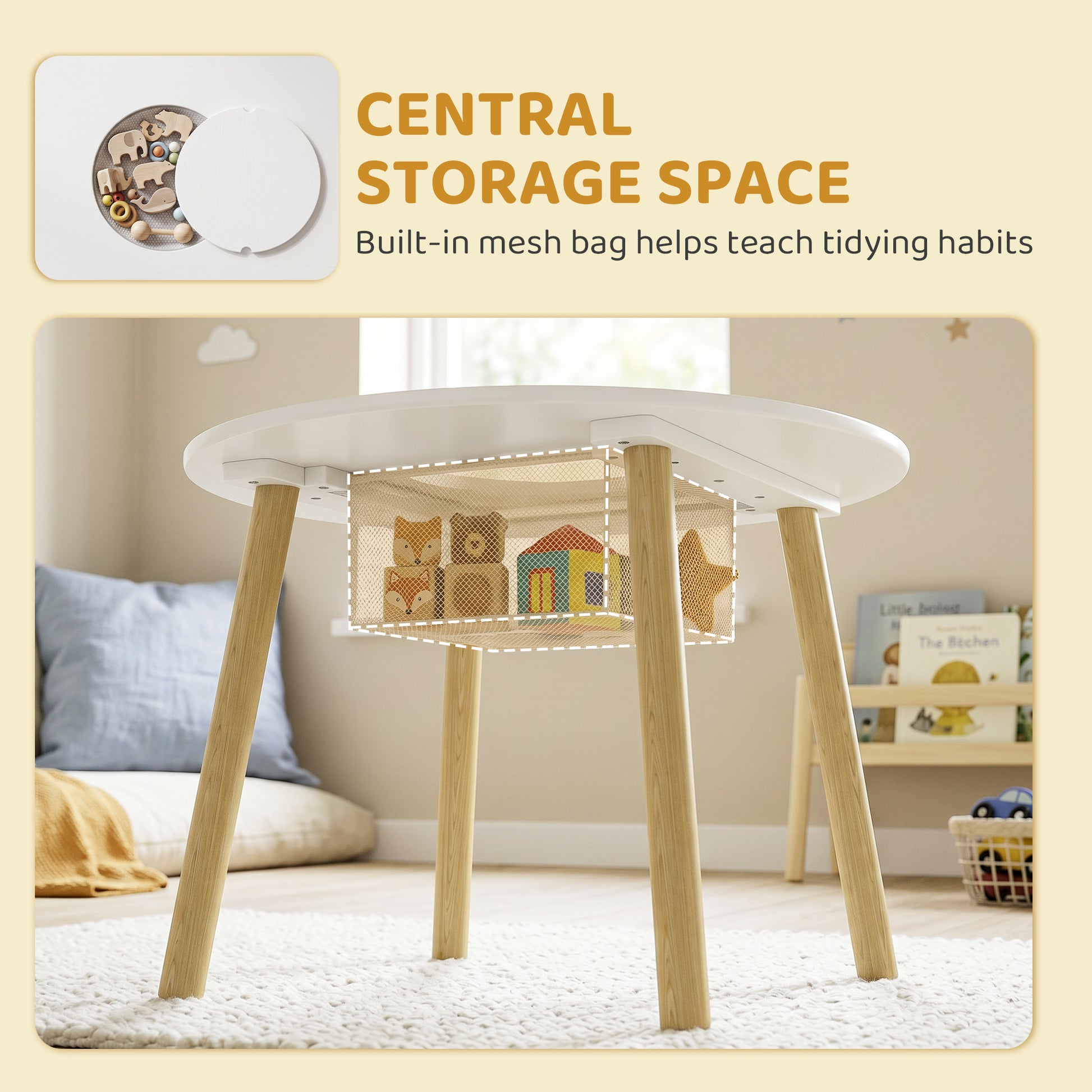 AIYAPLAY Kids Table and Chairs Set with Storage Bag Toddler Table and Chairs Set 3 Piece for Playroom White