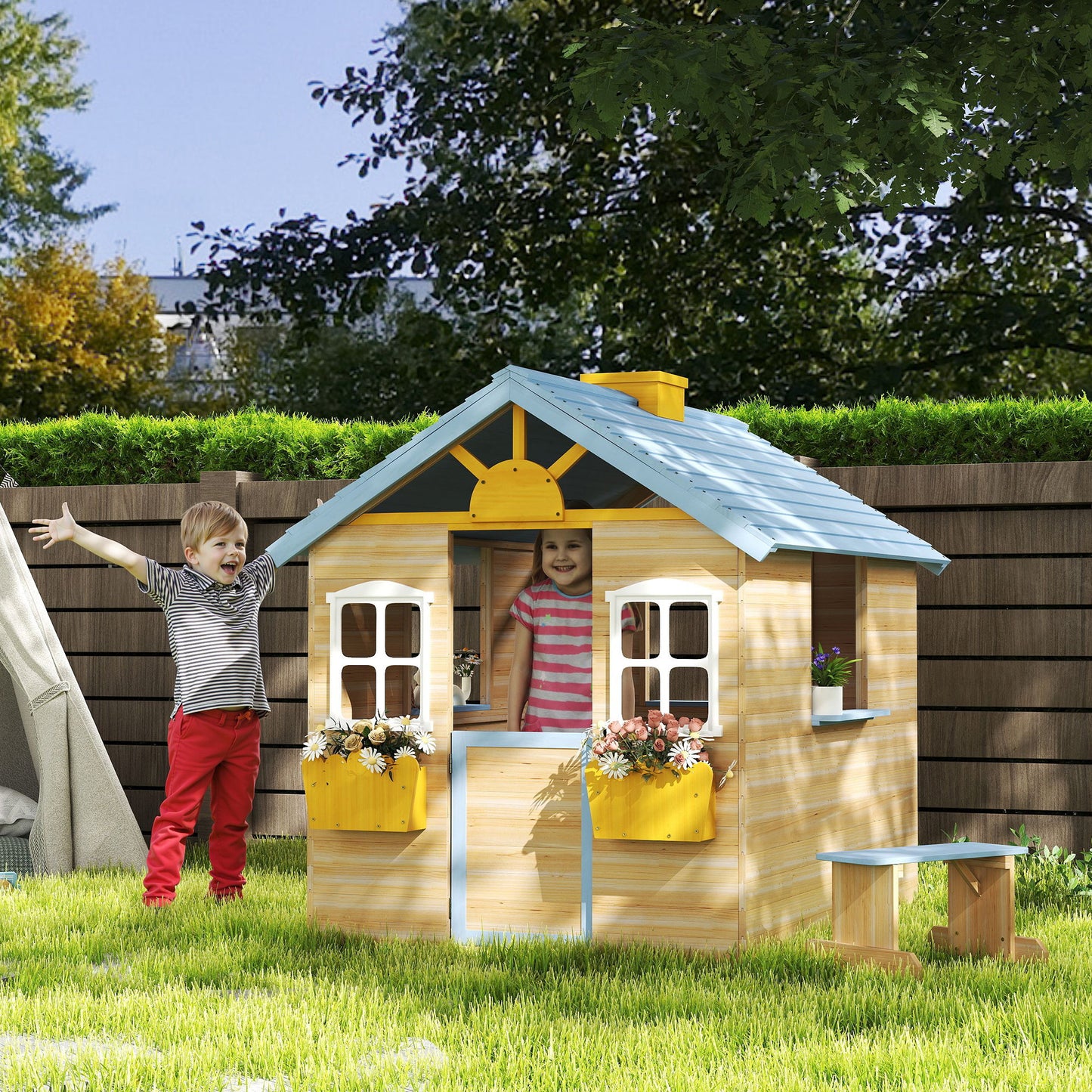 Outsunny Wooden Playhouse, Wendy House with Door, Bench, Flowerpot Holder, for Ages 3-7 Years, Blue