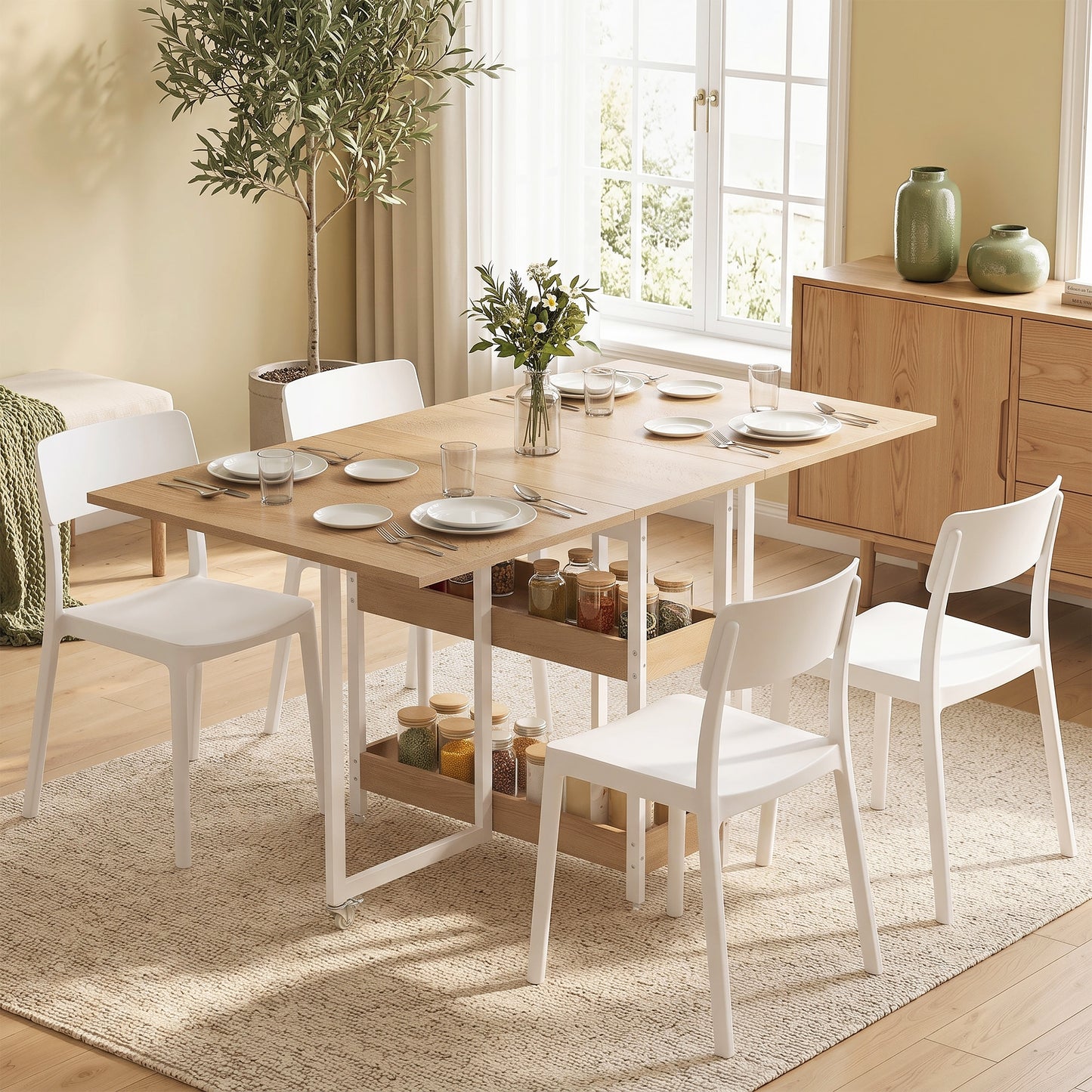 HOMCOM Four-Person Drop Leaf Table - Natural Wood-Effect