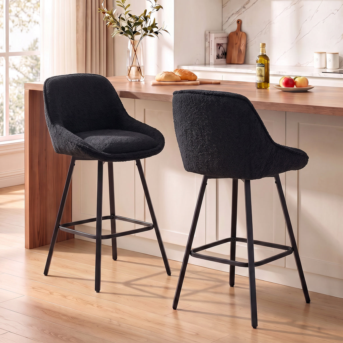 HOMCOM Bar Stools Set of 2, 64 cm Modern Linen-Touch Fabric 360Â° Swivel Counter Height Bar Chairs, Black