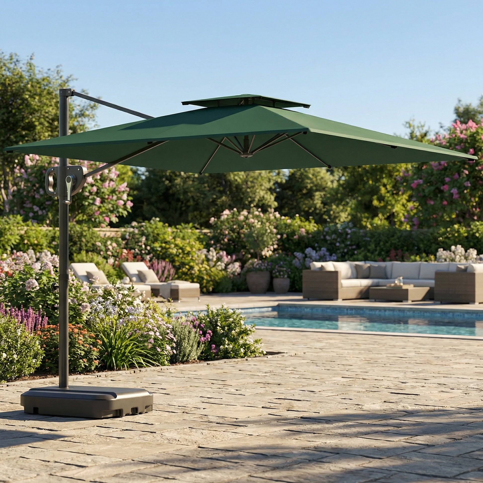 Outsunny Cantilever Parasol with Weighted Base Double Top Garden Parasol Square Hanging Patio Umbrella with Crank Tilt Dark Green