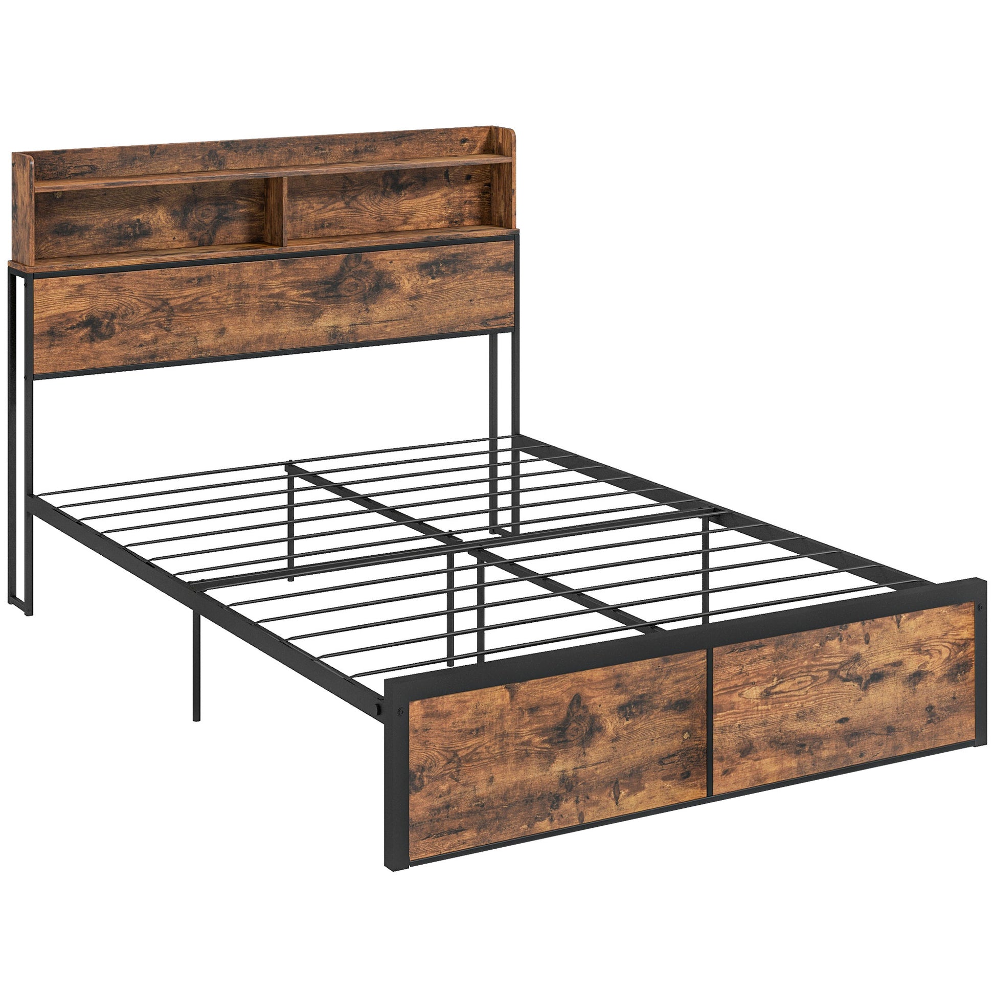 HOMCOM Industrial Double Bed Frame with Storage Headboard & Under-Bed Space â€“ Robust Steel Base, 4.8 ft Double Bed, Rustic Brown
